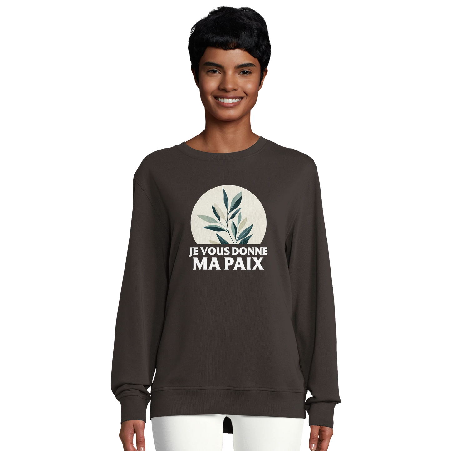 Sweat-shirt chrétien femme en coton bio « Jean 14:27 » charbon face
