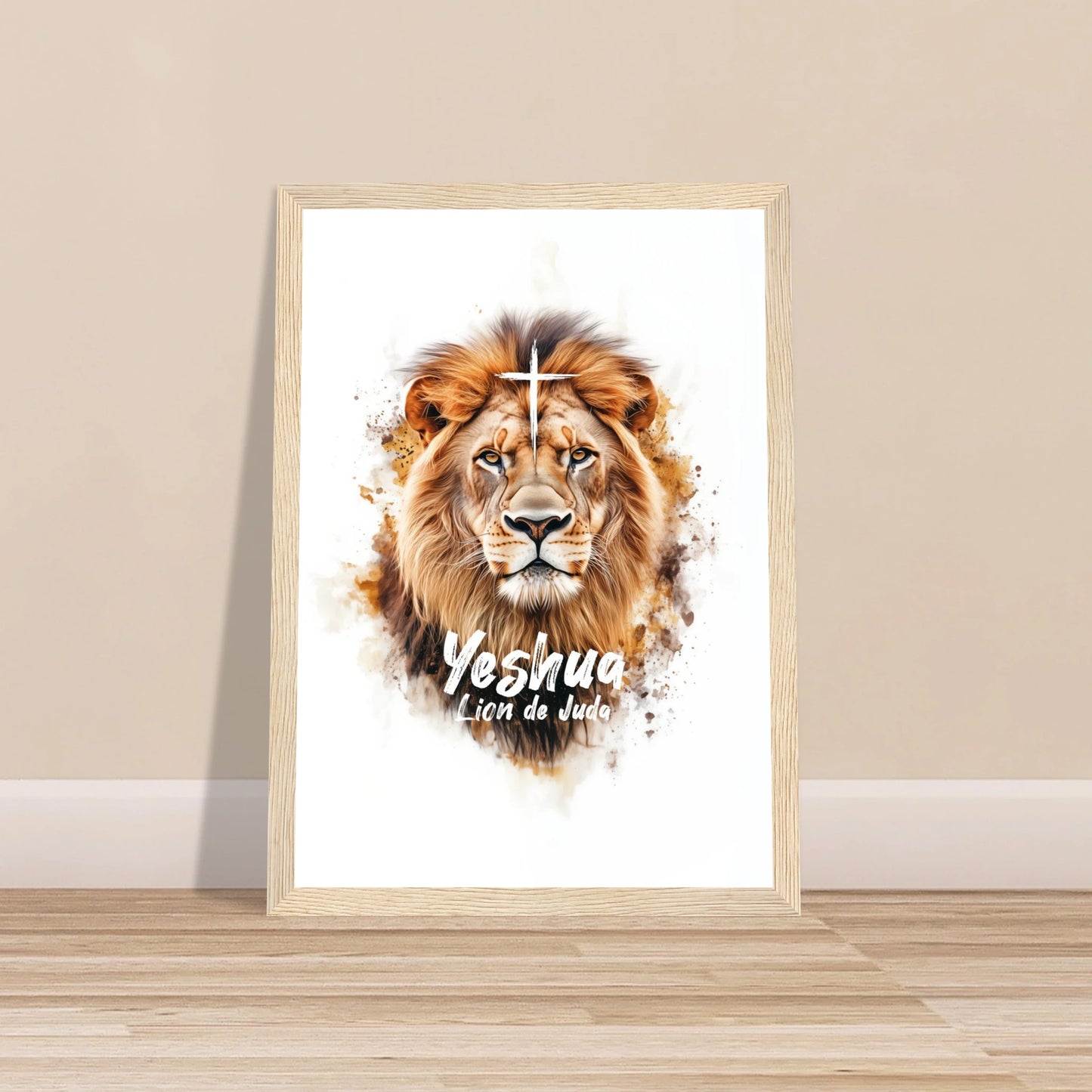 Poster chrétien premium encadré « Yeshua Lion de Juda » plan rapproché A4 cadre bois