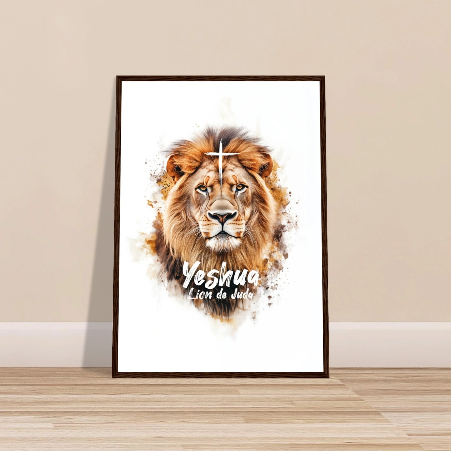 Poster chrétien premium encadré « Yeshua Lion de Juda » plan rapproché A2 cadre bois foncé