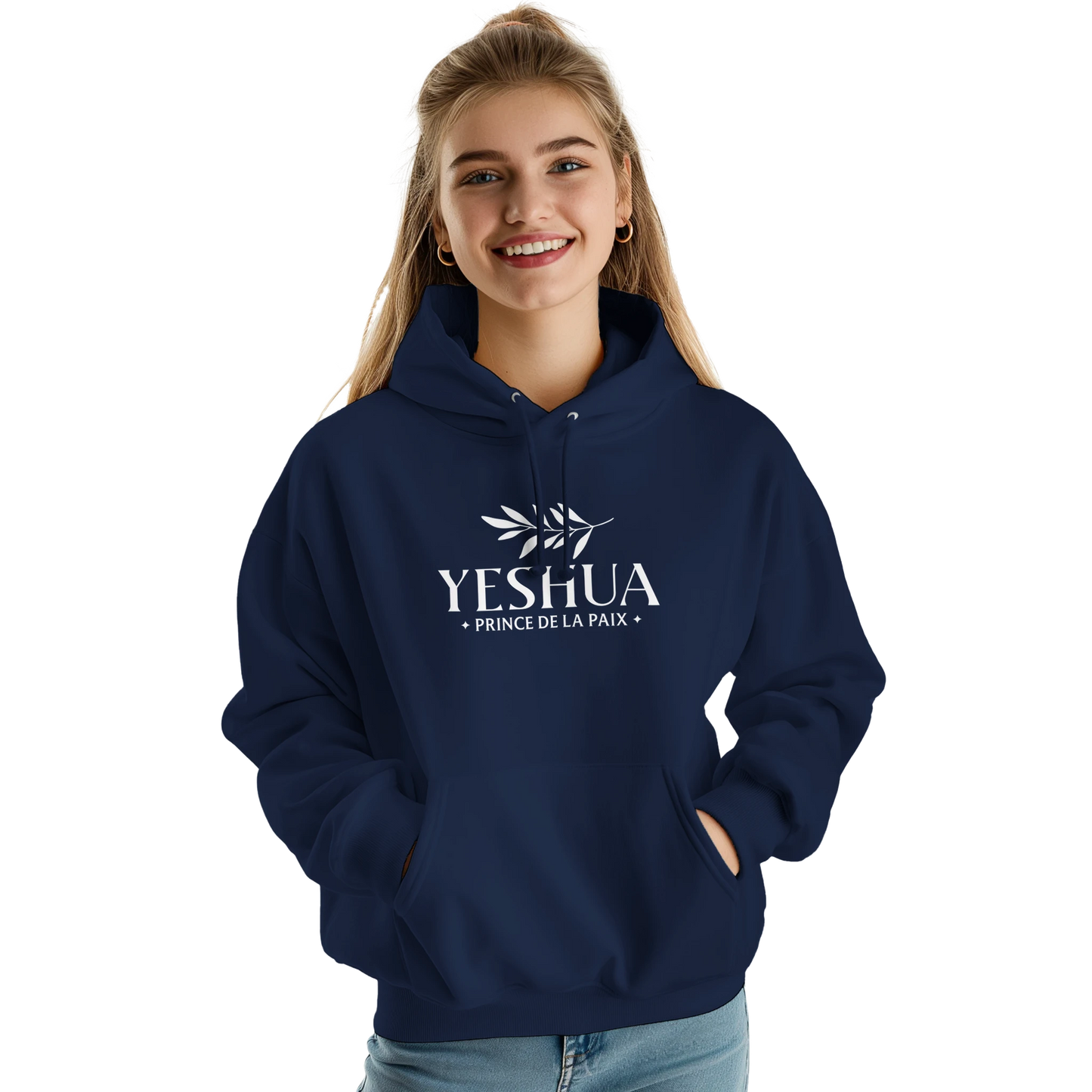 Sweat à capuche chrétien femme « Yeshua Prince de la Paix » bleu marine face