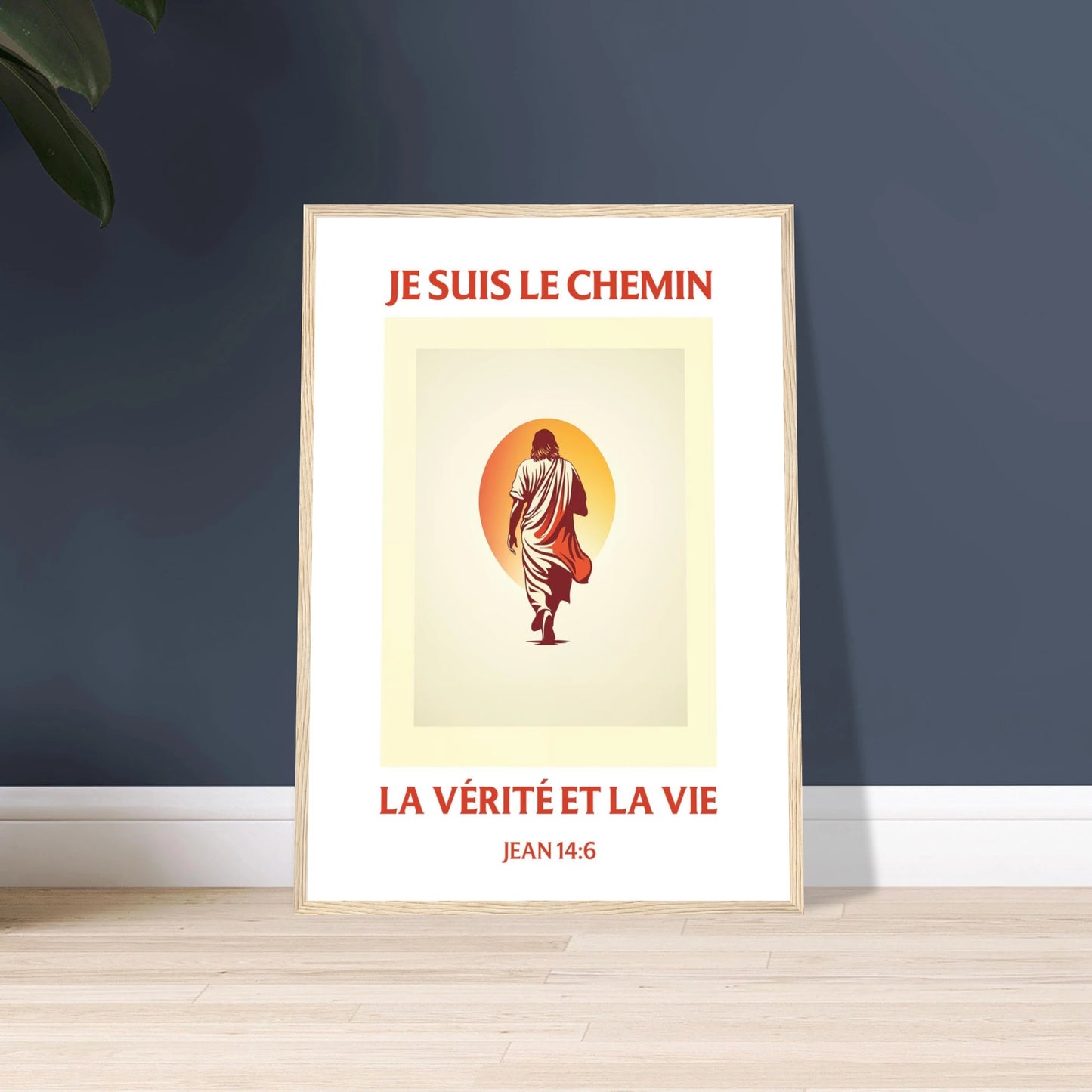 Poster chrétien premium encadré « Jean 14:6 » plan rapproché A2 cadre bois
