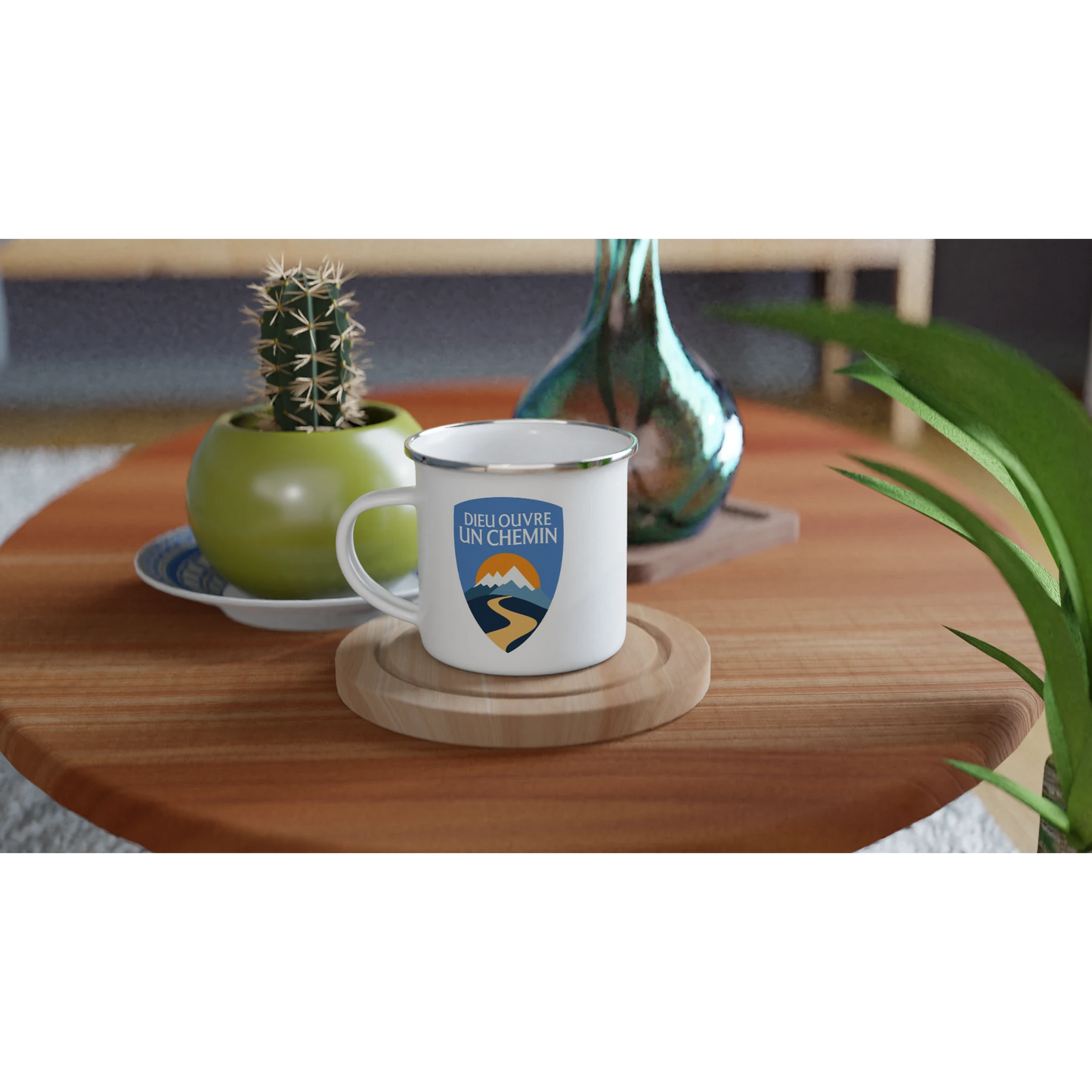 Mug chrétien en émail « Dieu ouvre un chemin » table