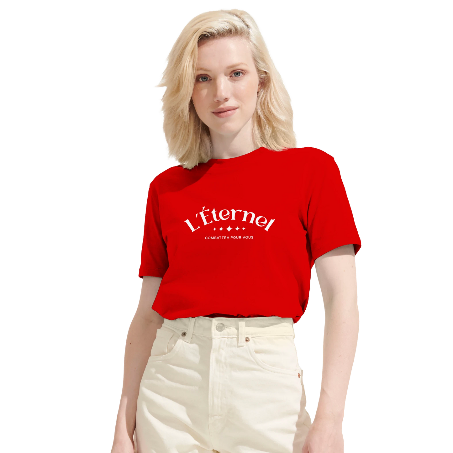 T-shirt chrétien femme en coton bio « Deutéronome 3:22 » rouge face