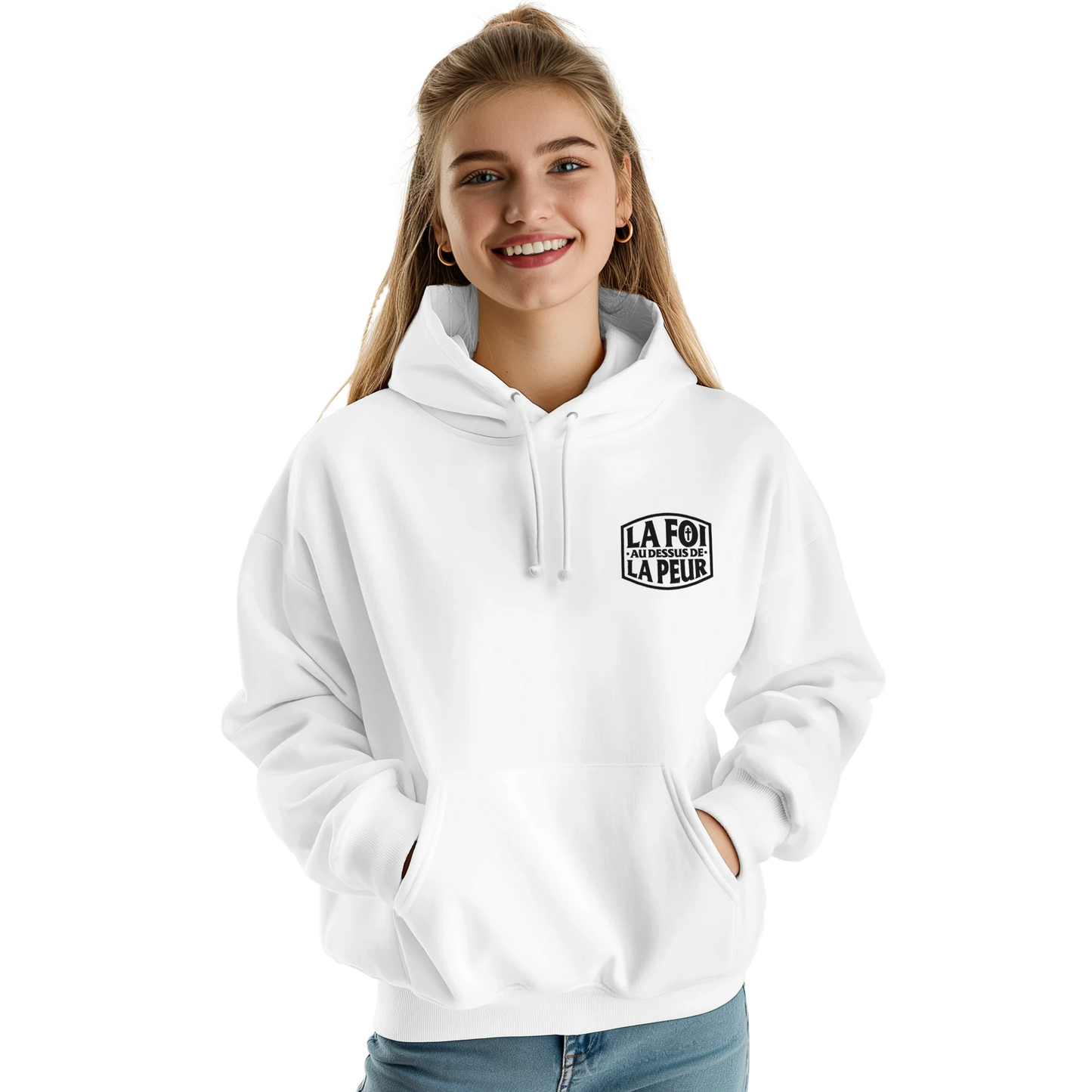 Sweat à capuche chrétien femme brodé « 2 Timothée 1:7 » blanc face