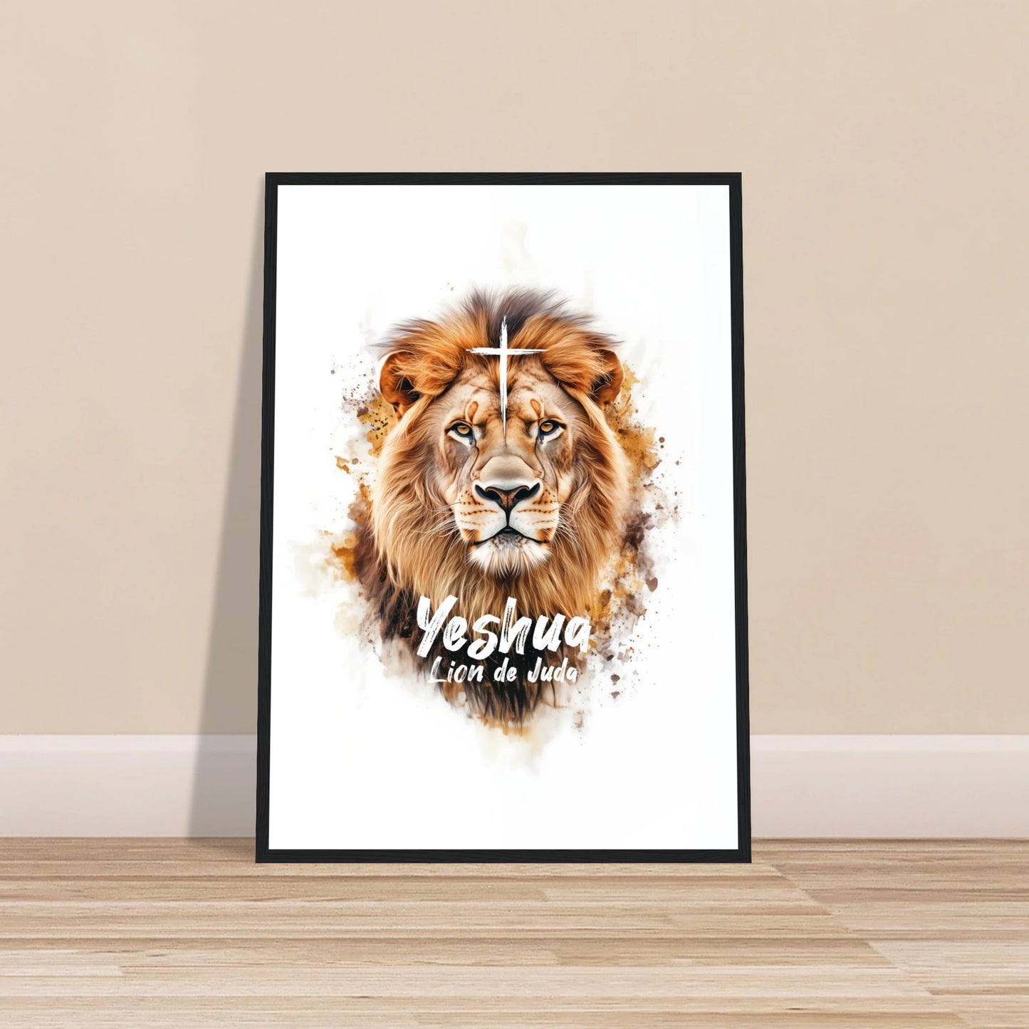 Poster chrétien premium encadré « Yeshua Lion de Juda » plan rapproché A2 cadre noir