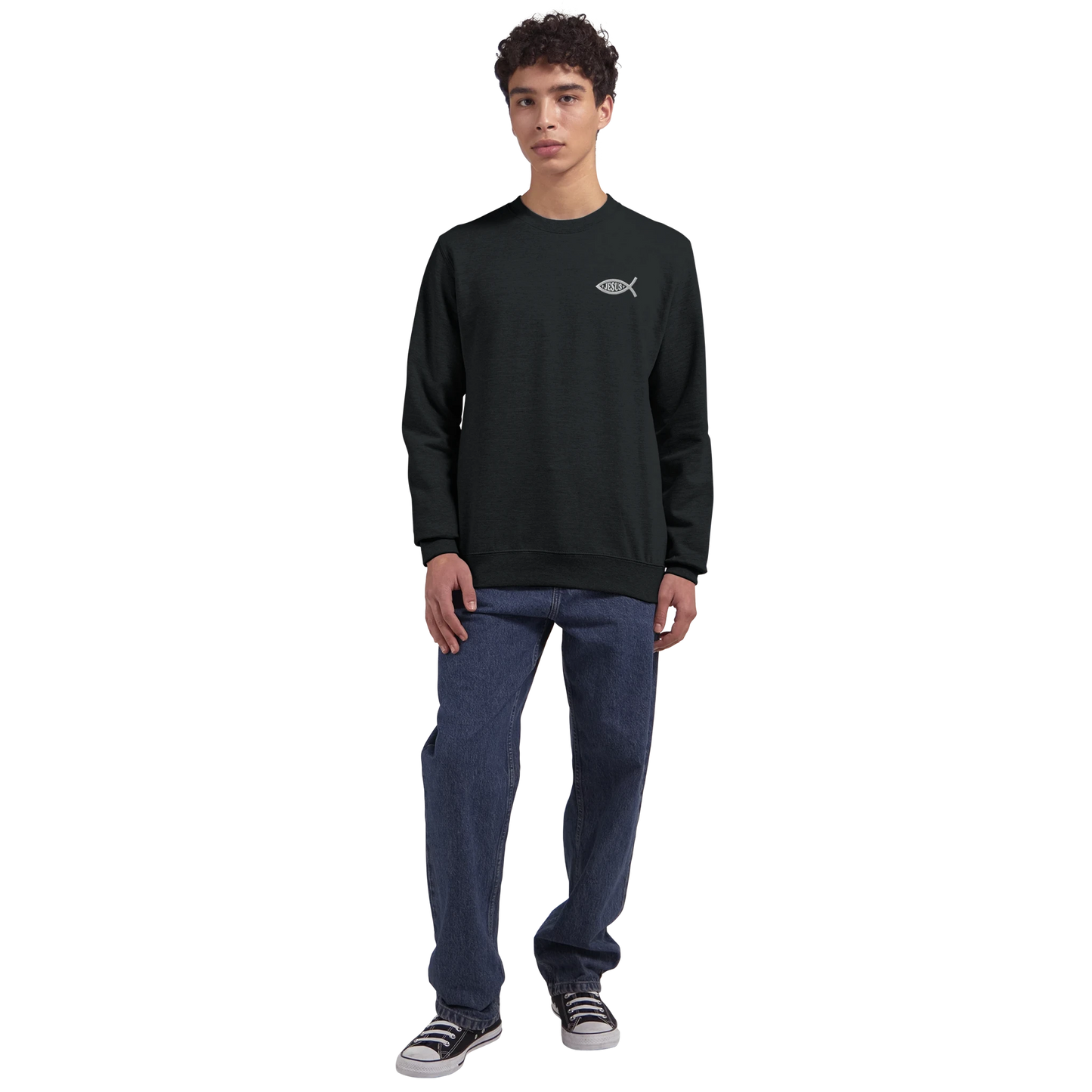 Sweat-shirt chrétien homme brodé « Ichthus » noir porté