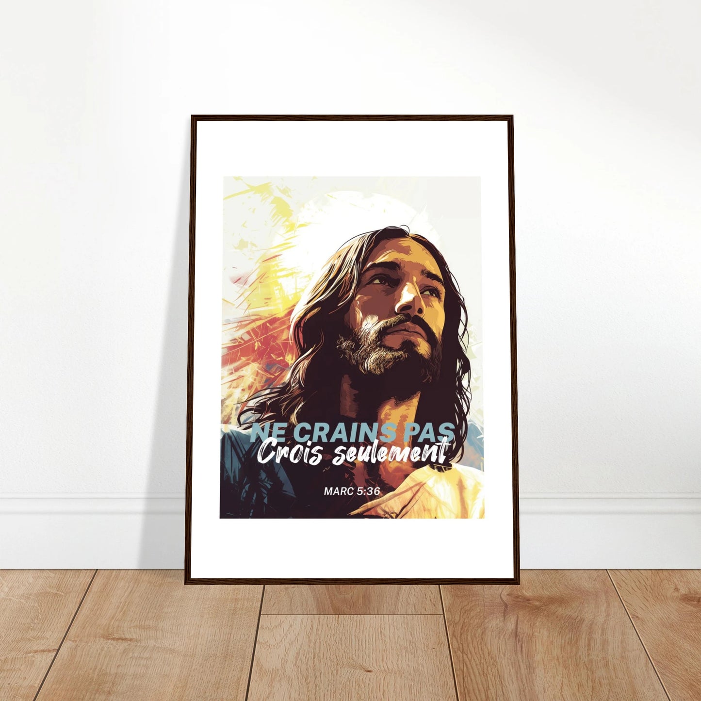 Poster chrétien premium encadré « Marc 5:36 » plan rapproché A1 cadre bois foncé