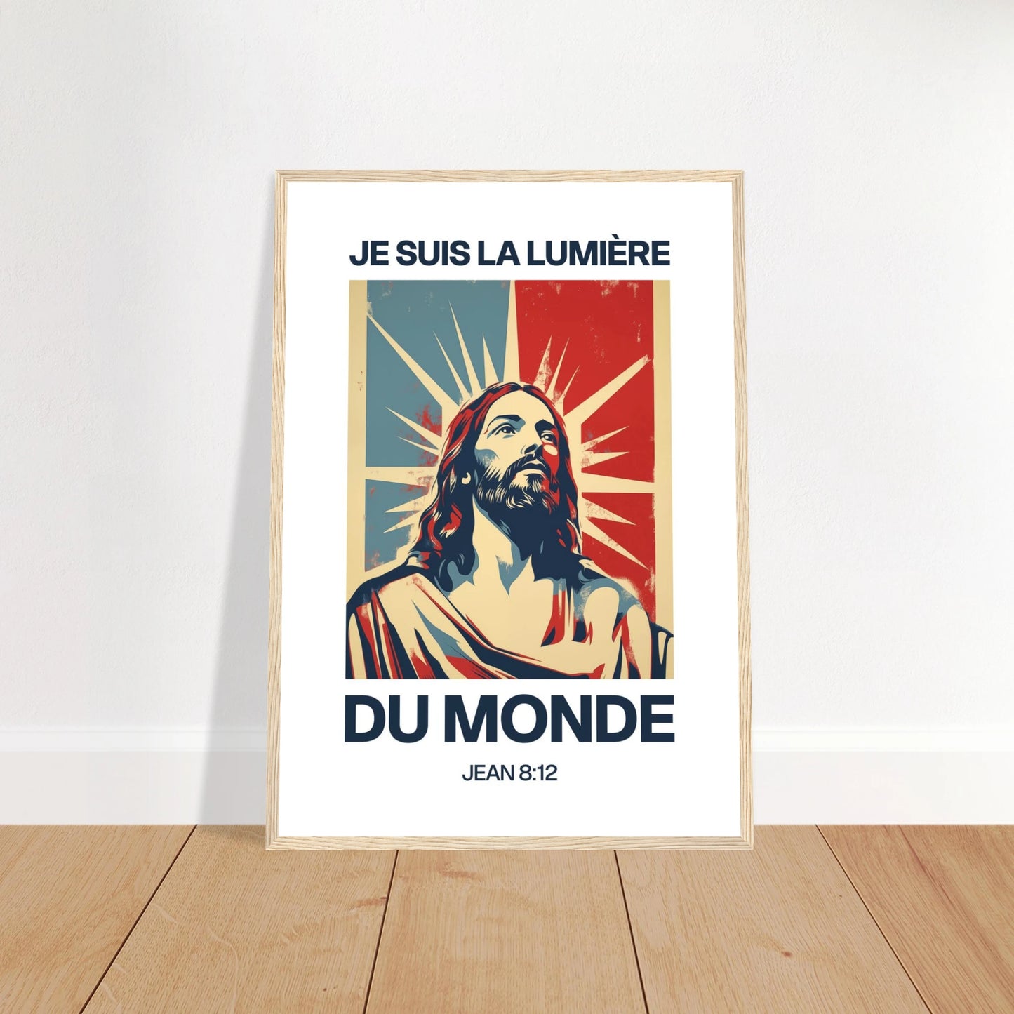 Poster chrétien premium encadré « Jean 8:12 » plan rapproché A2 cadre bois