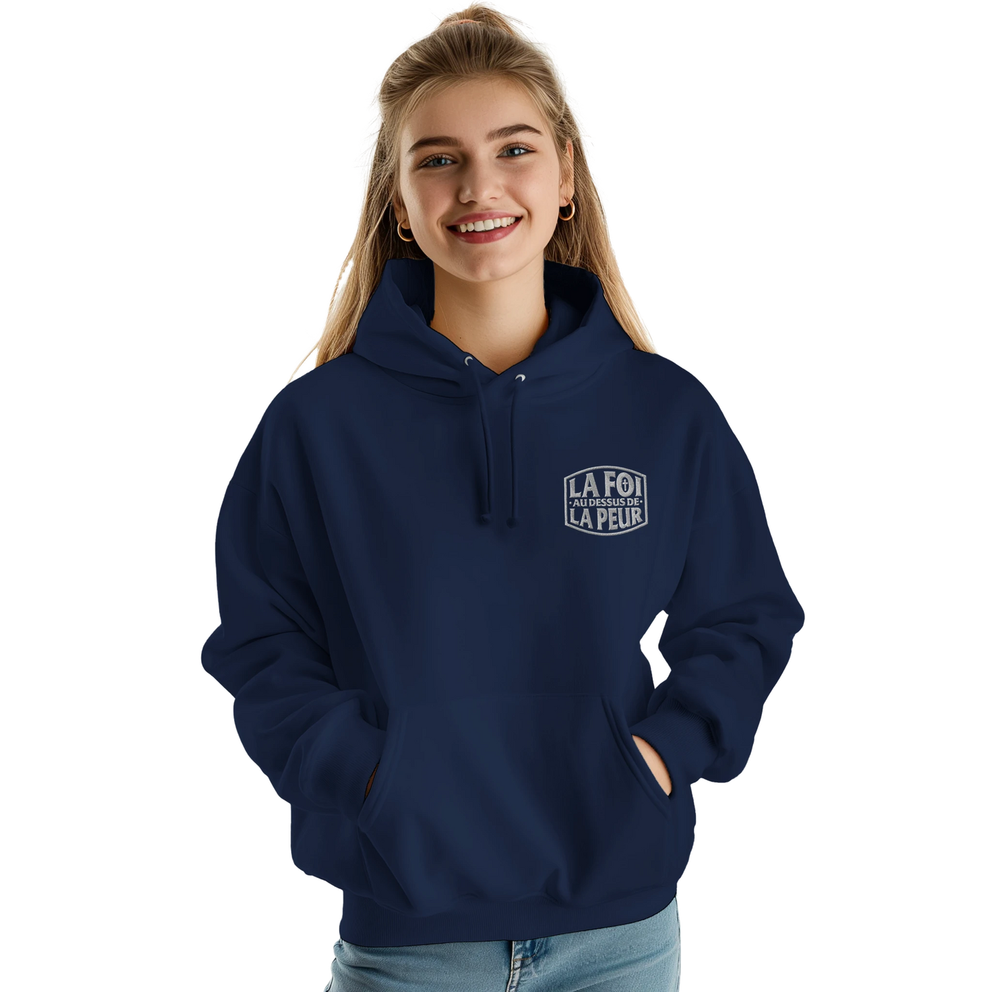 Sweat à capuche chrétien femme brodé « 2 Timothée 1:7 » bleu marine face