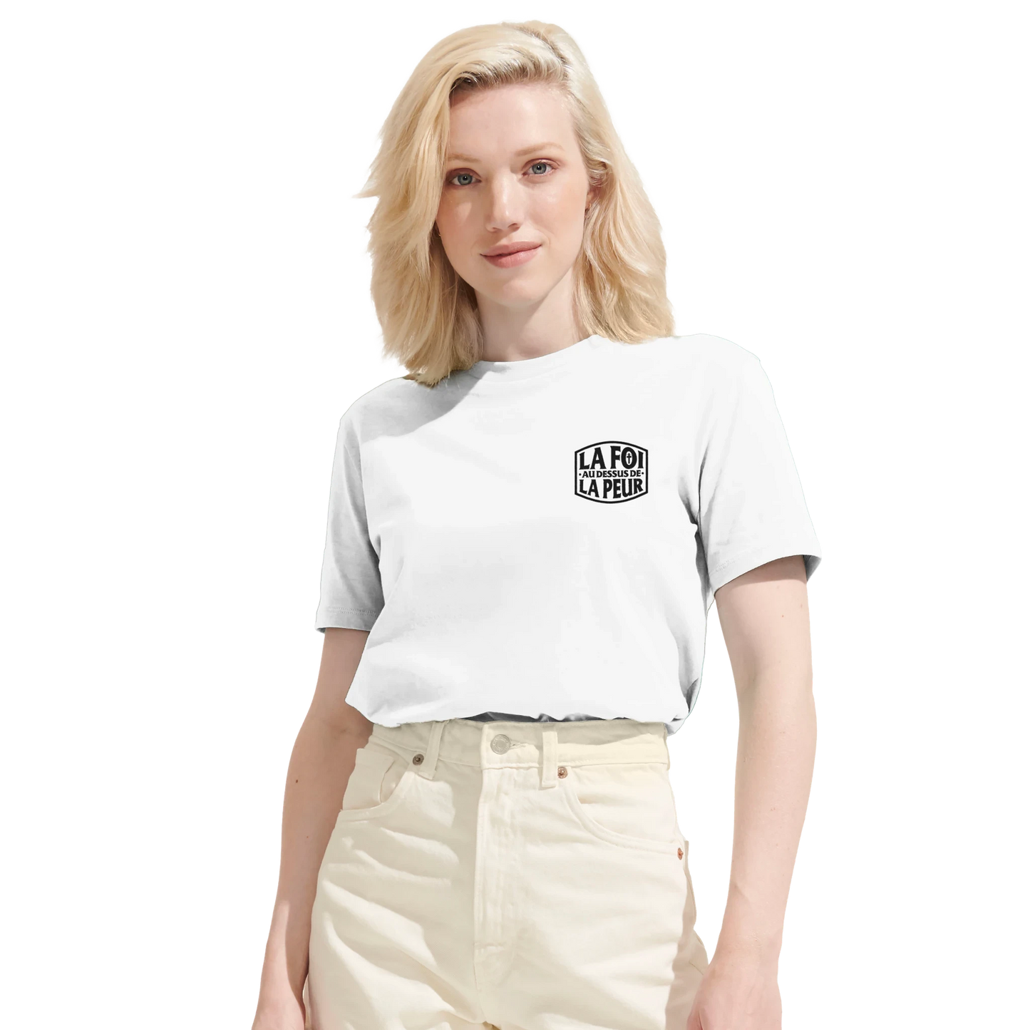T-shirt chrétien femme brodé en coton bio « 2 Timothée 1:7 » blanc face