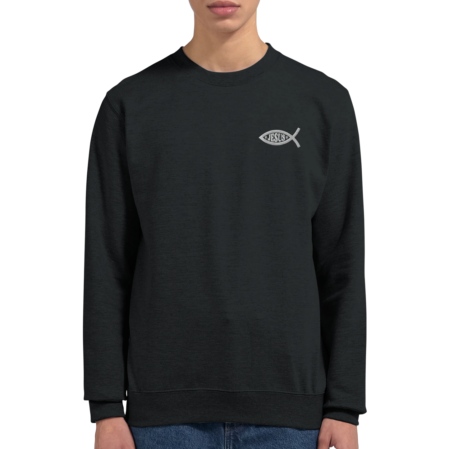 Sweat-shirt chrétien homme brodé « Ichthus » noir porté zoom