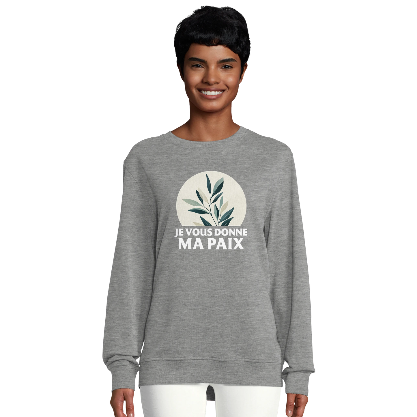 Sweat-shirt chrétien femme en coton bio « Jean 14:27 » gris chiné face