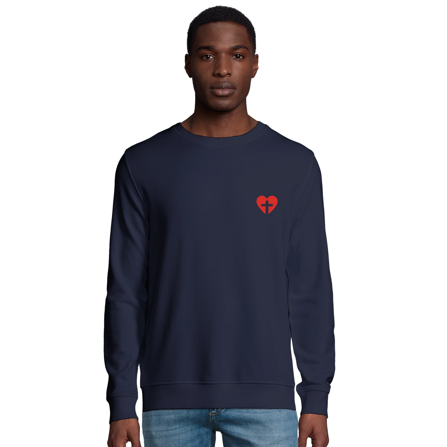 Sweat-shirt chrétien homme en coton bio « Sacré-Cœur » bleu marine face