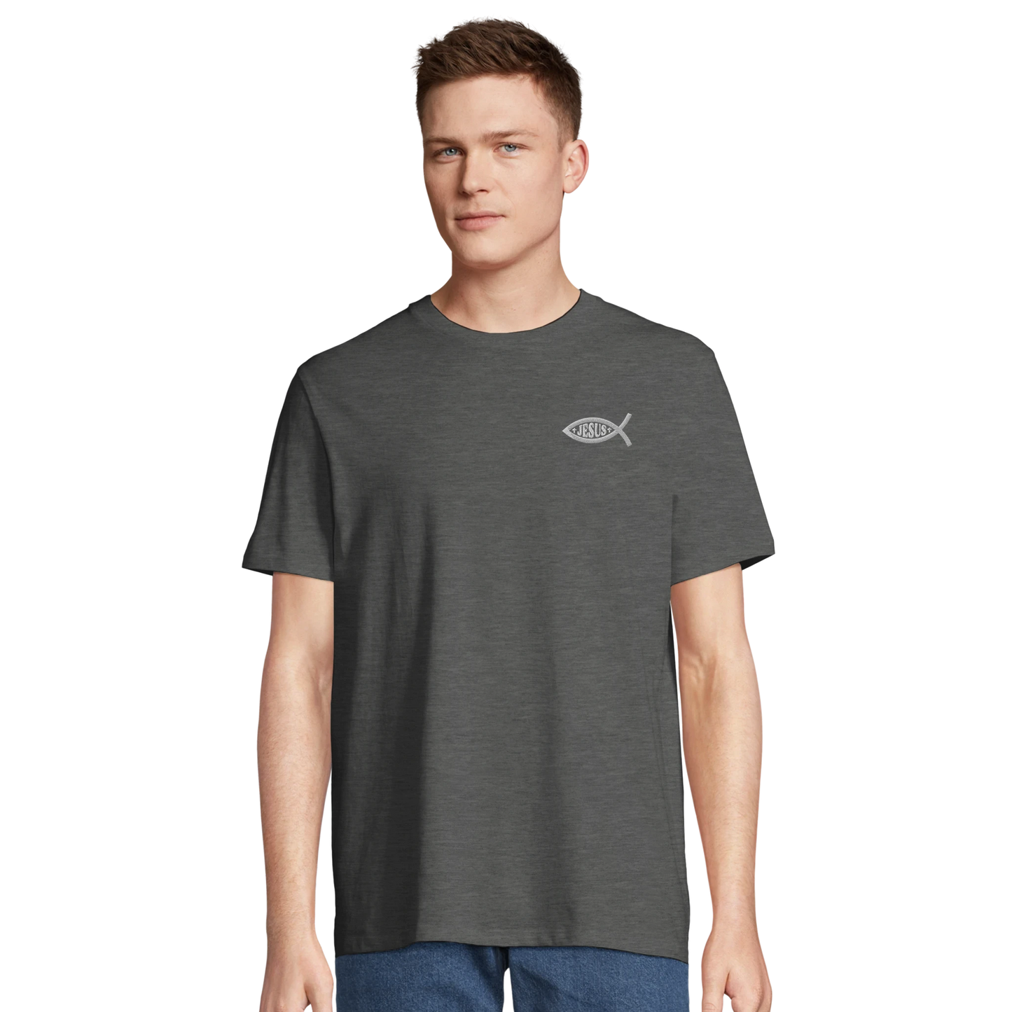 T-shirt chrétien homme brodé en coton bio « Ichthus » gris chiné face