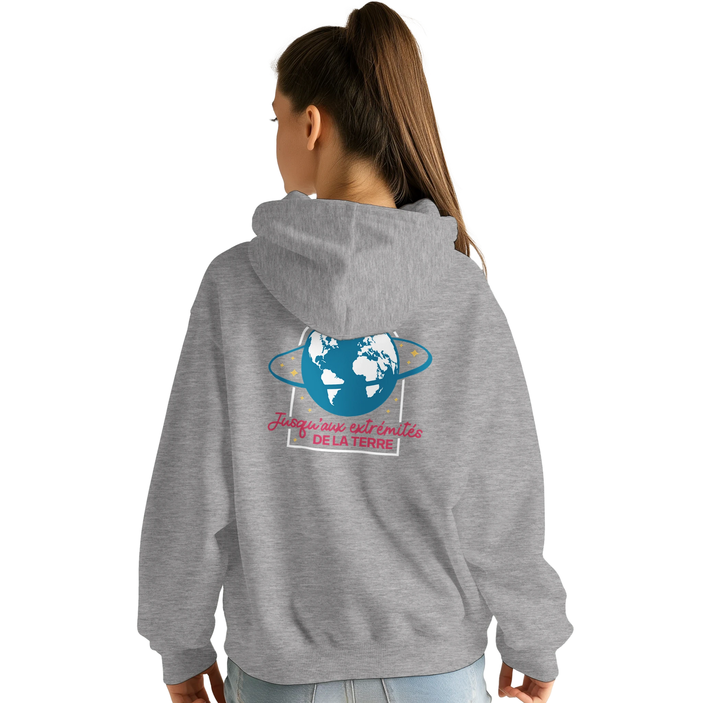 Sweat à capuche chrétien femme « Actes 1:8 » gris chiné dos