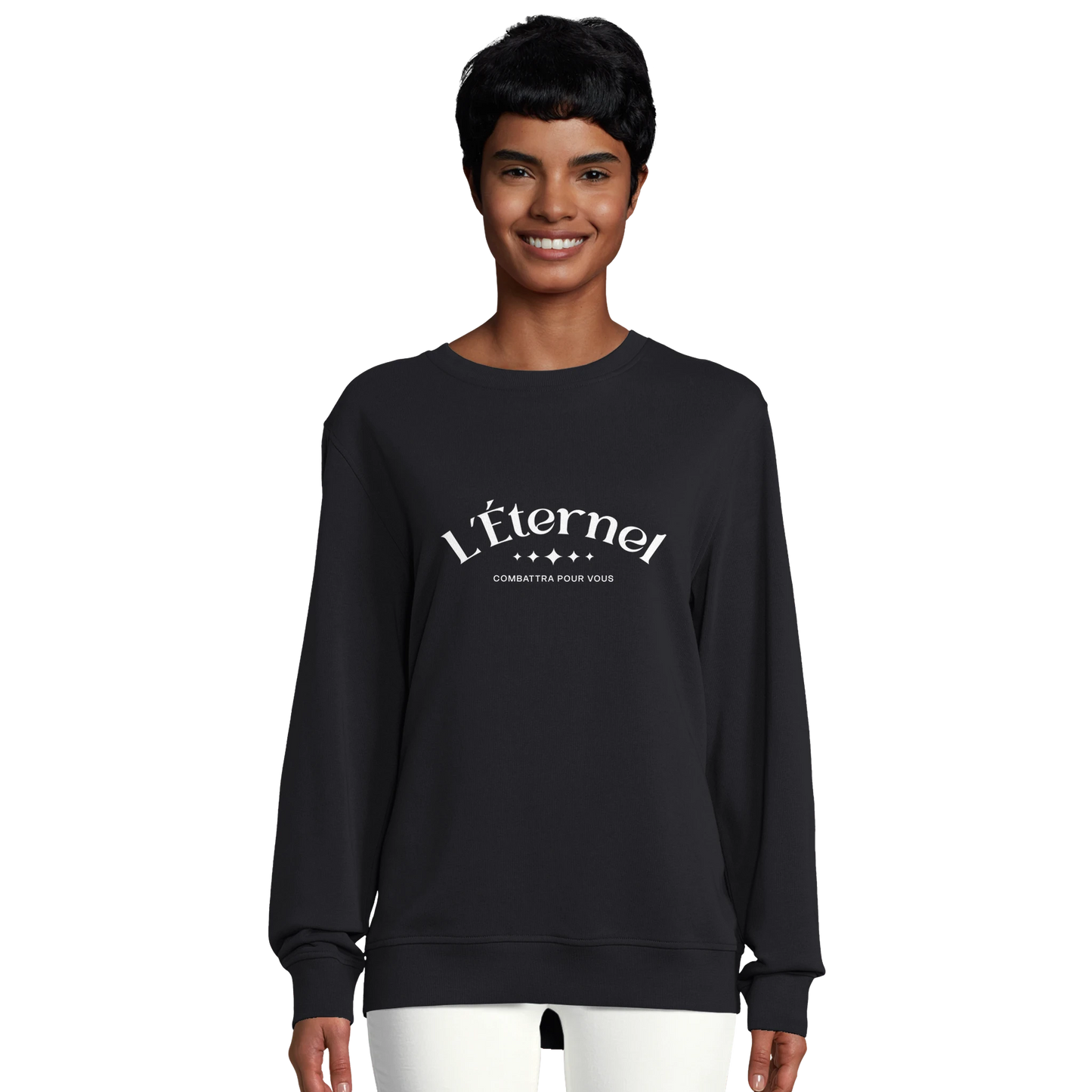 Sweat-shirt chrétien femme en coton bio « Deutéronome 3:22 » noir face