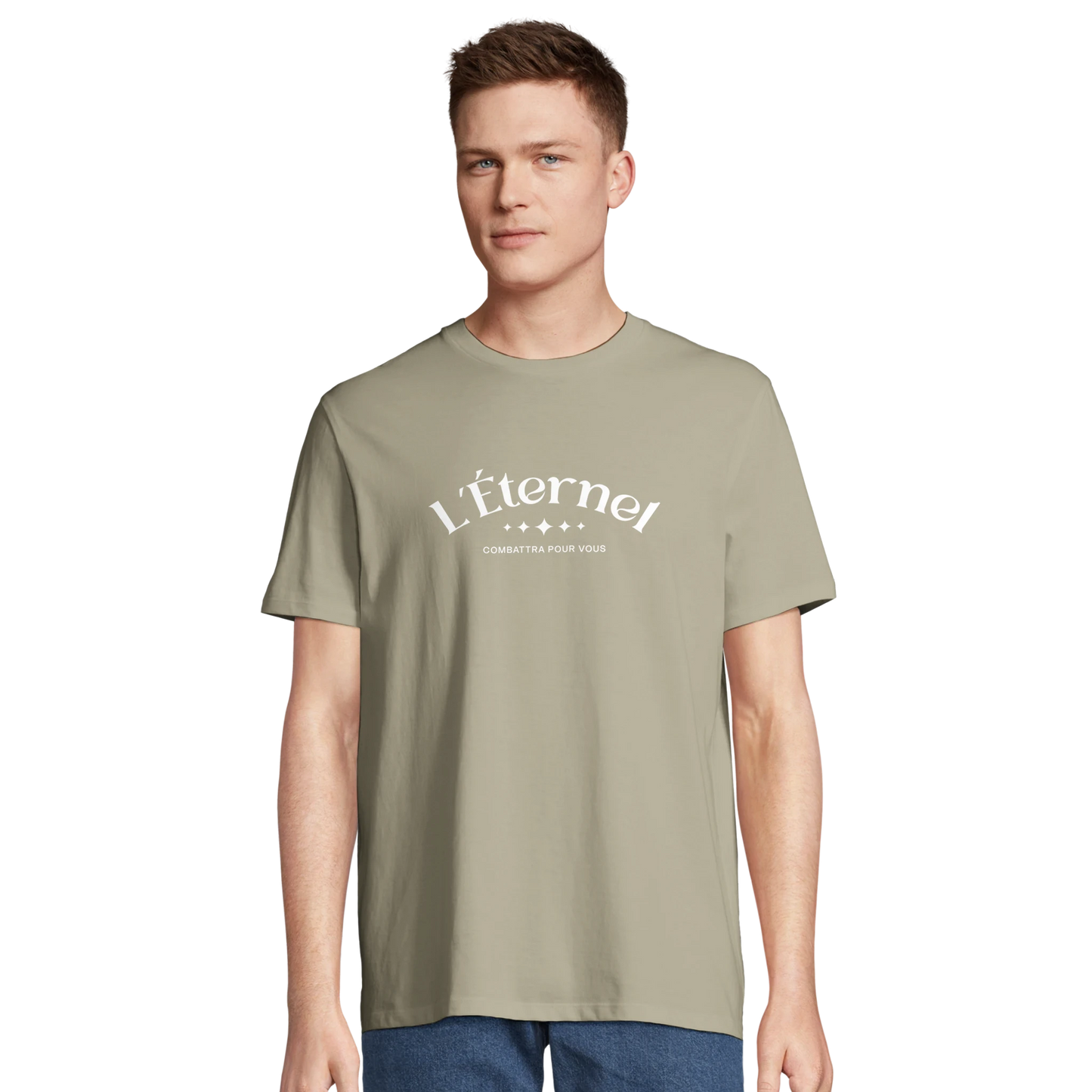 T-shirt chrétien homme en coton bio « Deutéronome 3:22 » beige face