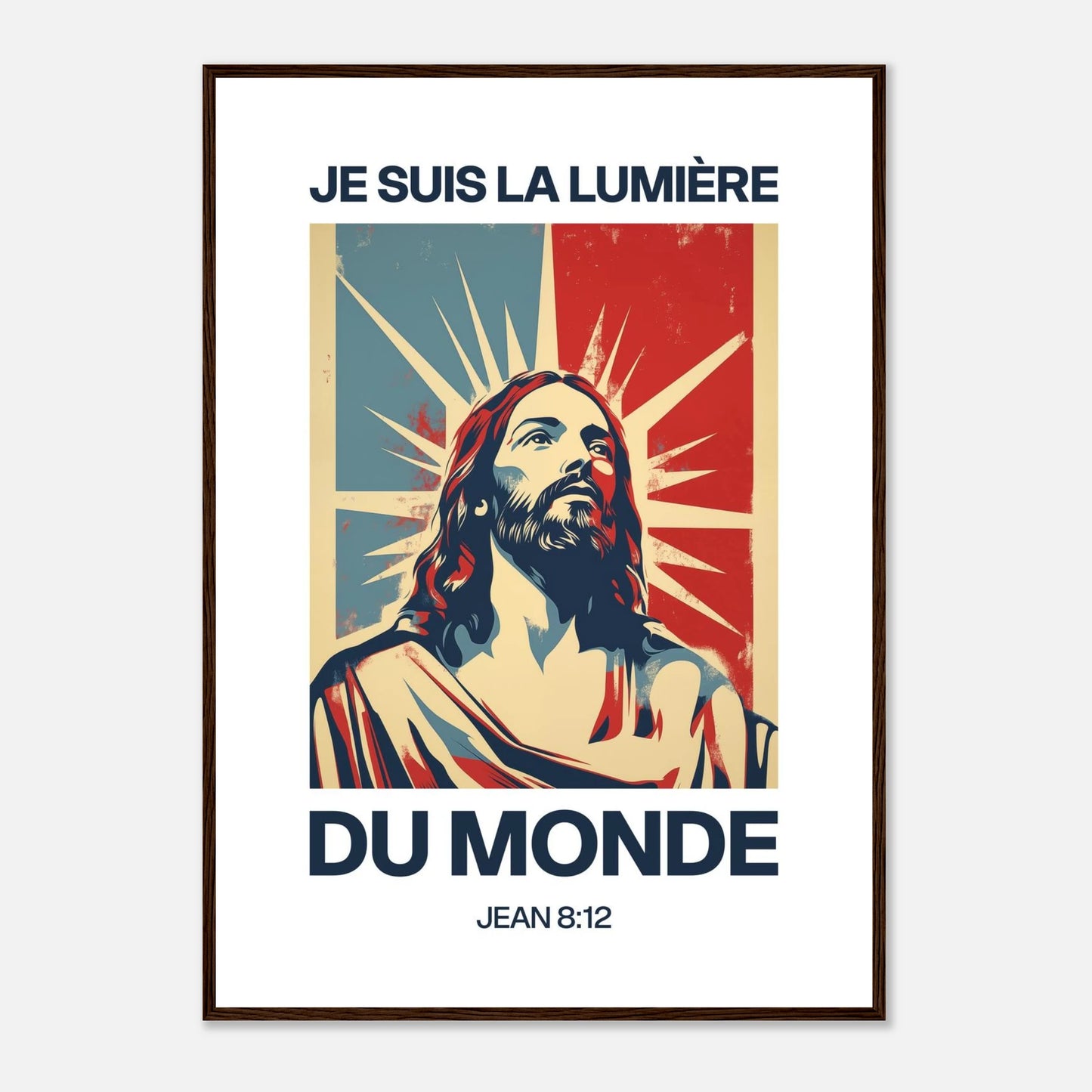 Poster chrétien premium encadré « Jean 8:12 » présentation A1 cadre bois foncé
