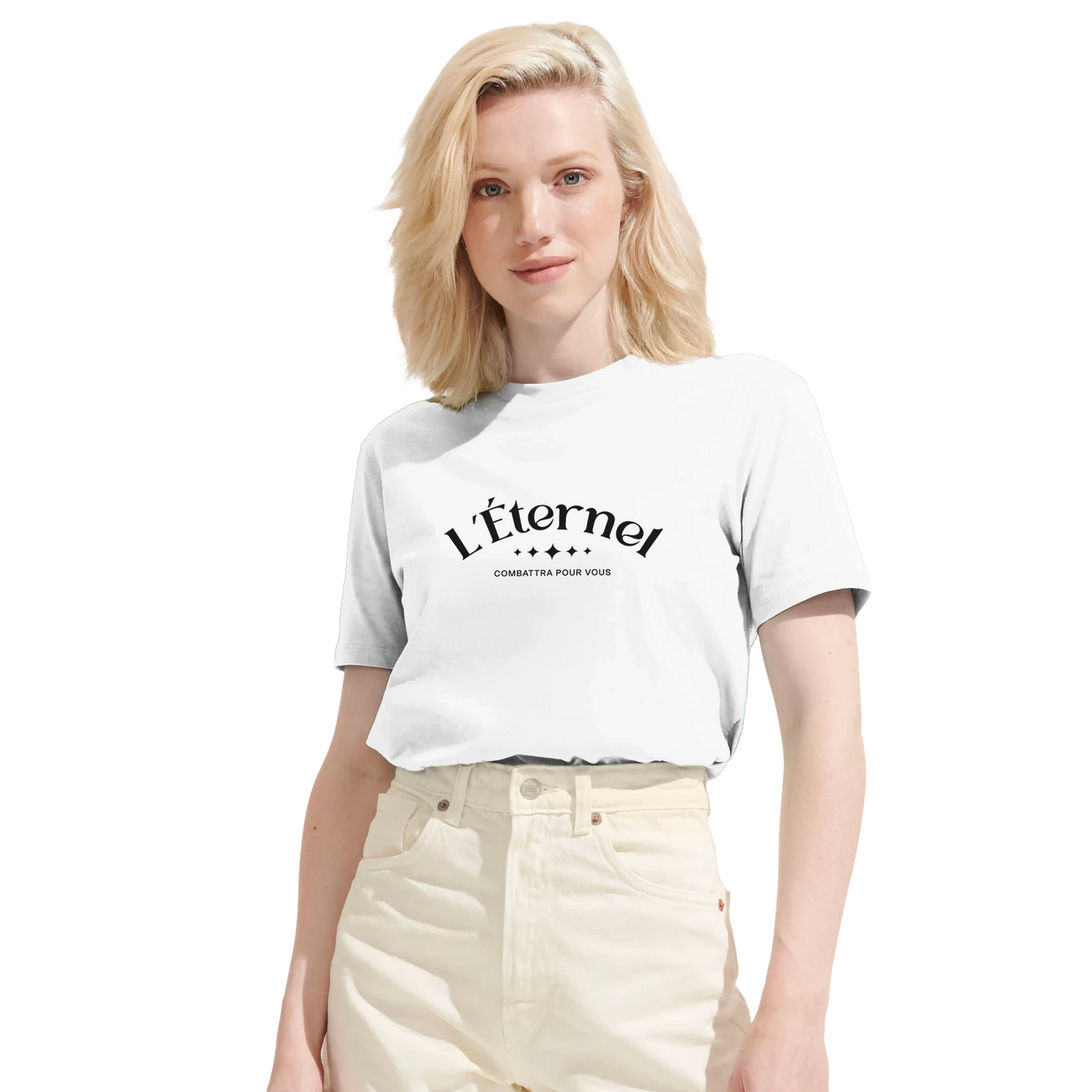 T-shirt chrétien femme en coton bio « Deutéronome 3:22 » blanc face