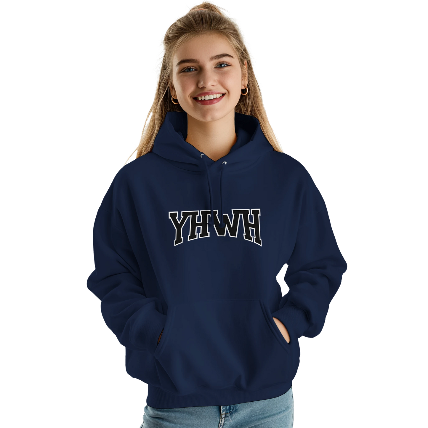 Sweat à capuche chrétien femme « YHWH » bleu marine face