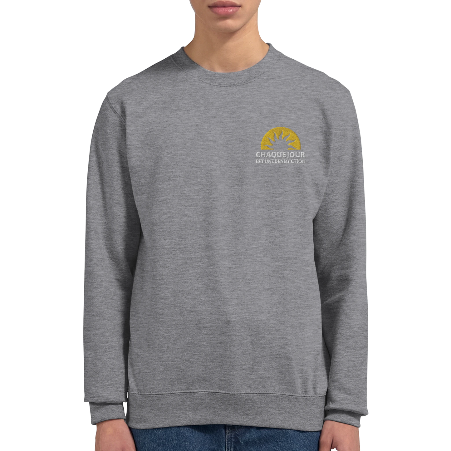 Sweat-shirt chrétien homme brodé « Chaque Jour est une Bénédiction » gris bruyère porté zoom