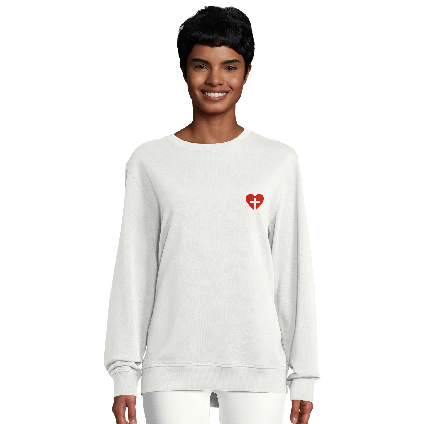 Sweat-shirt chrétien femme en coton bio « Sacré-Cœur » blanc face