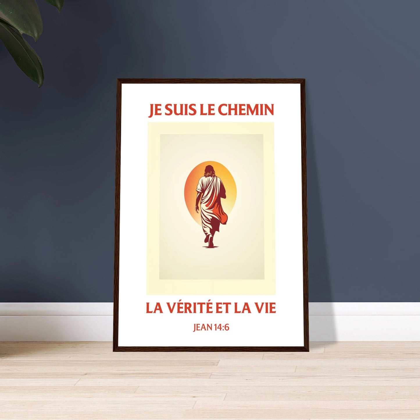 Poster chrétien premium encadré « Jean 14:6 » plan rapproché A2 cadre bois foncé