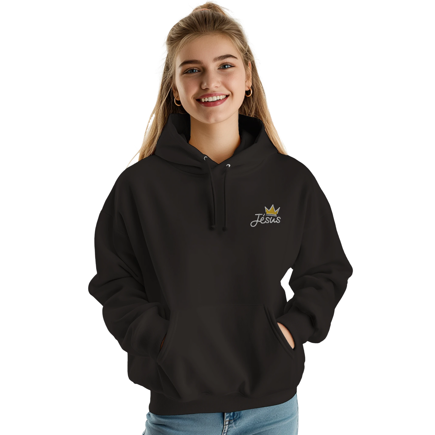 Sweat à capuche chrétien femme brodé « Jésus est Roi » noir face