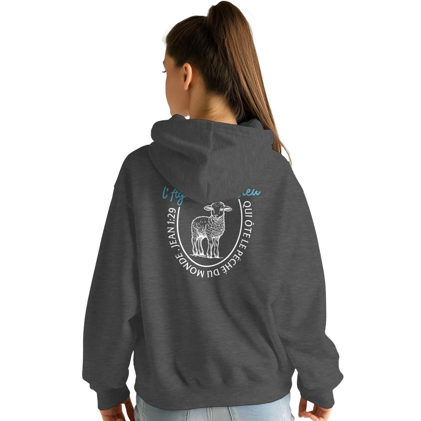 Sweat à capuche chrétien femme « Jean 1:29 » charbon dos