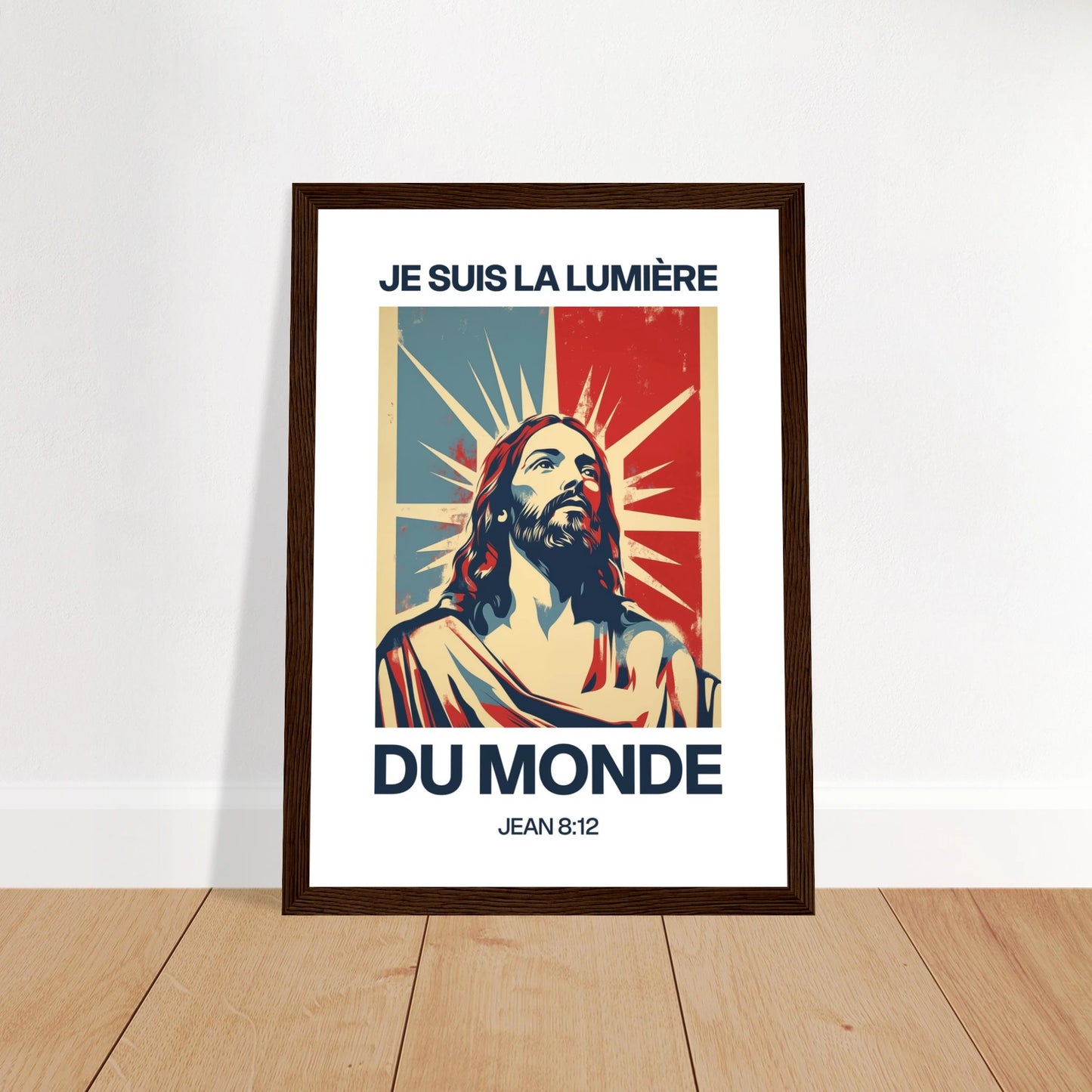 Poster chrétien premium encadré « Jean 8:12 » plan rapproché A4 cadre bois foncé