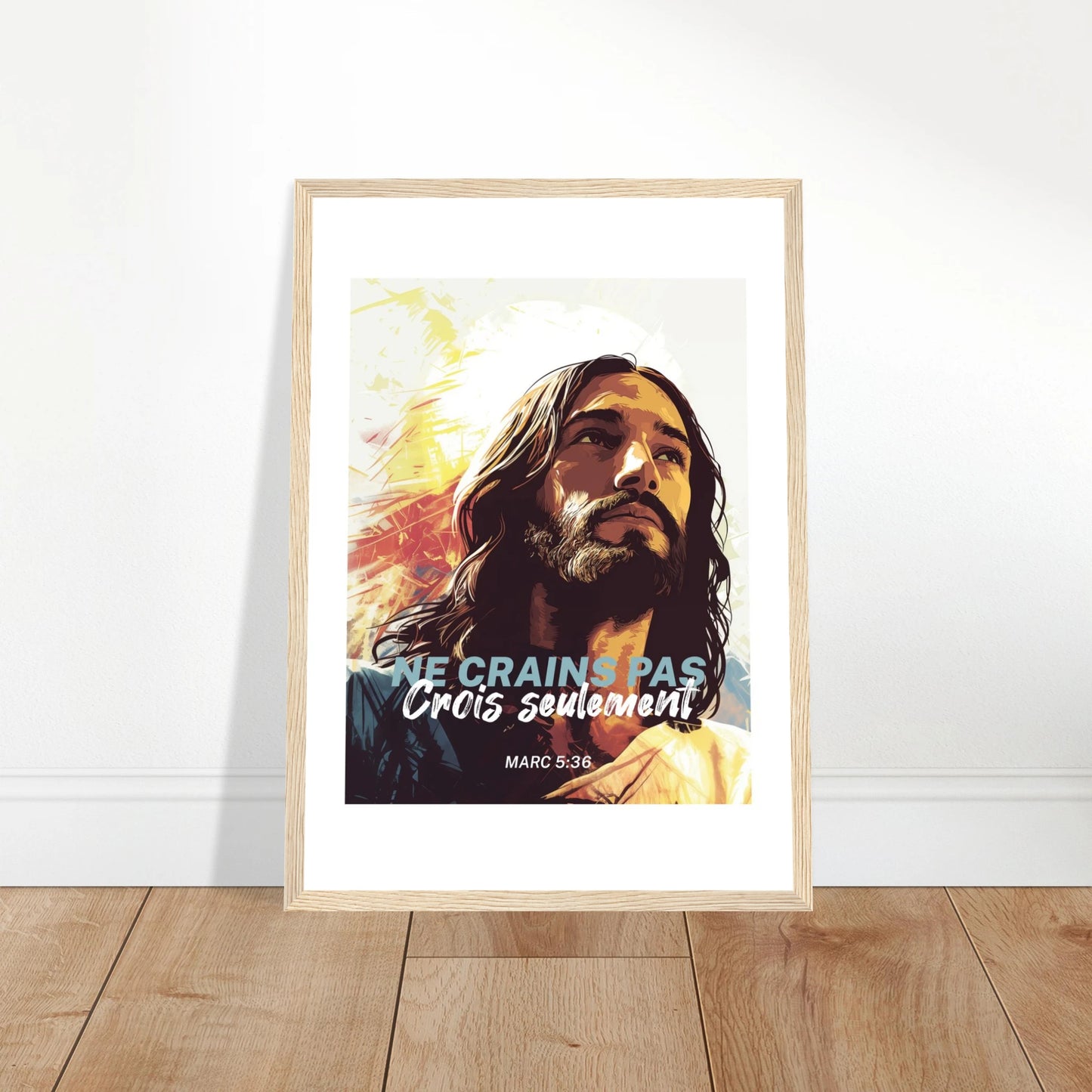 Poster chrétien premium encadré « Marc 5:36 » plan rapproché A3 cadre bois