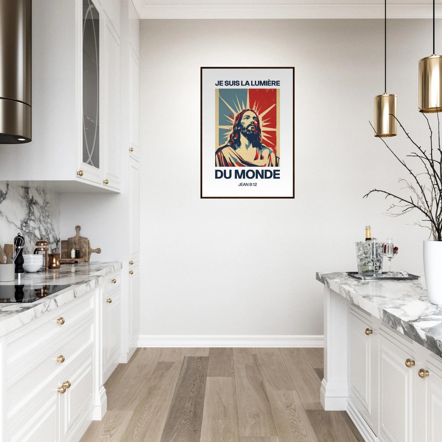 Poster chrétien premium encadré « Jean 8:12 » cuisine A1 cadre bois foncé