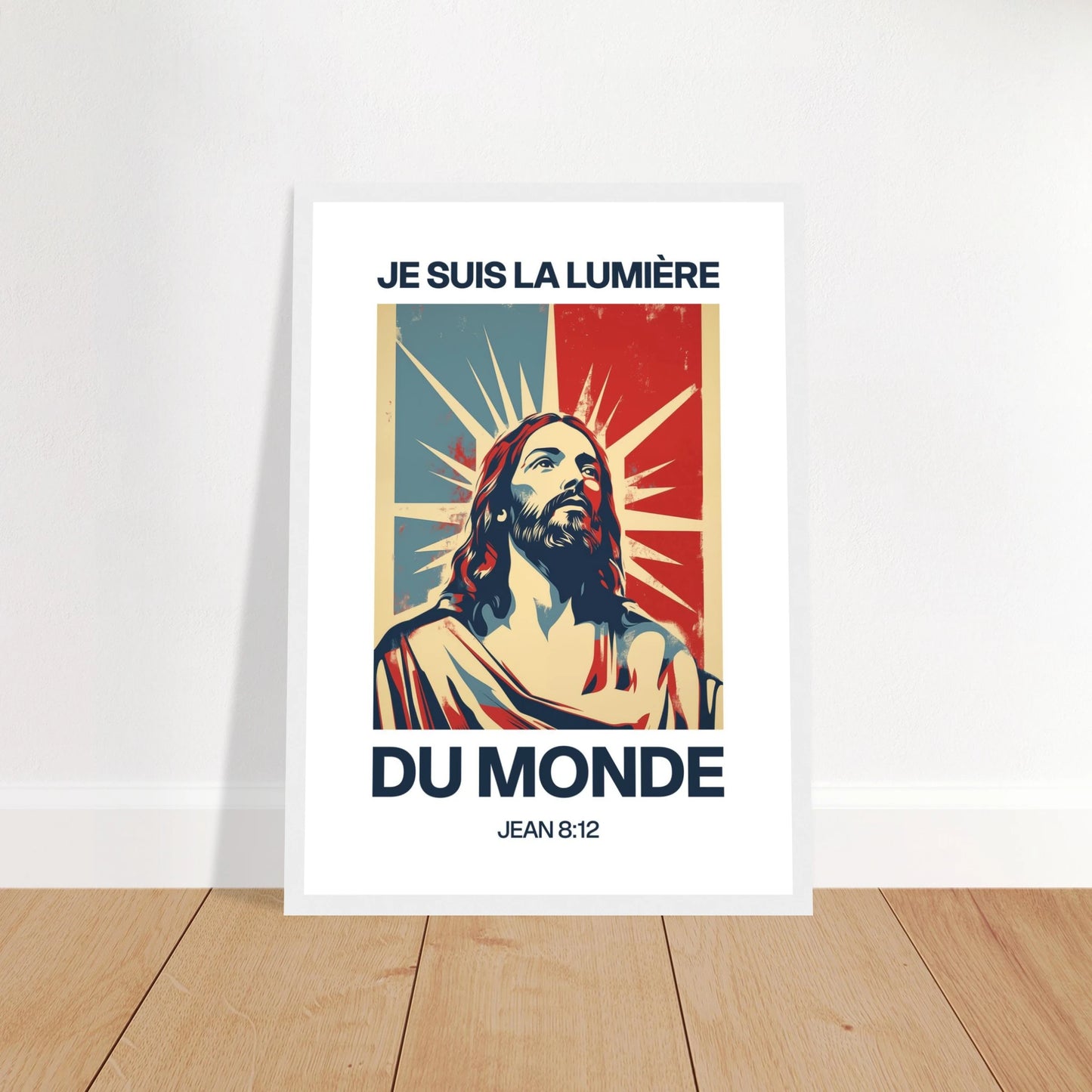 Poster chrétien premium encadré « Jean 8:12 » plan rapproché A3 cadre blanc