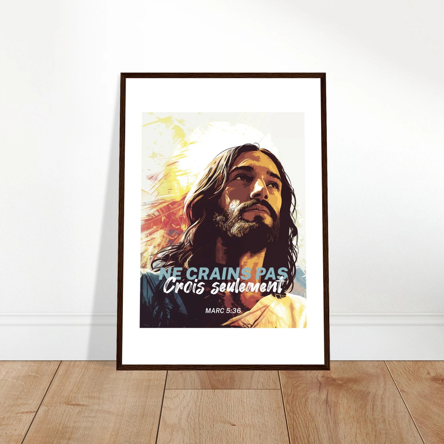 Poster chrétien premium encadré « Marc 5:36 » plan rapproché A2 cadre bois foncé