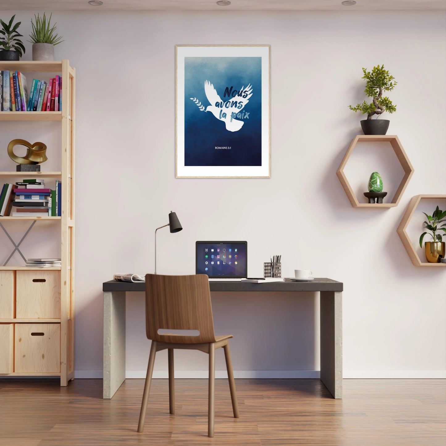 Poster chrétien premium encadré « Romains 5:1 » bureau A1 cadre bois