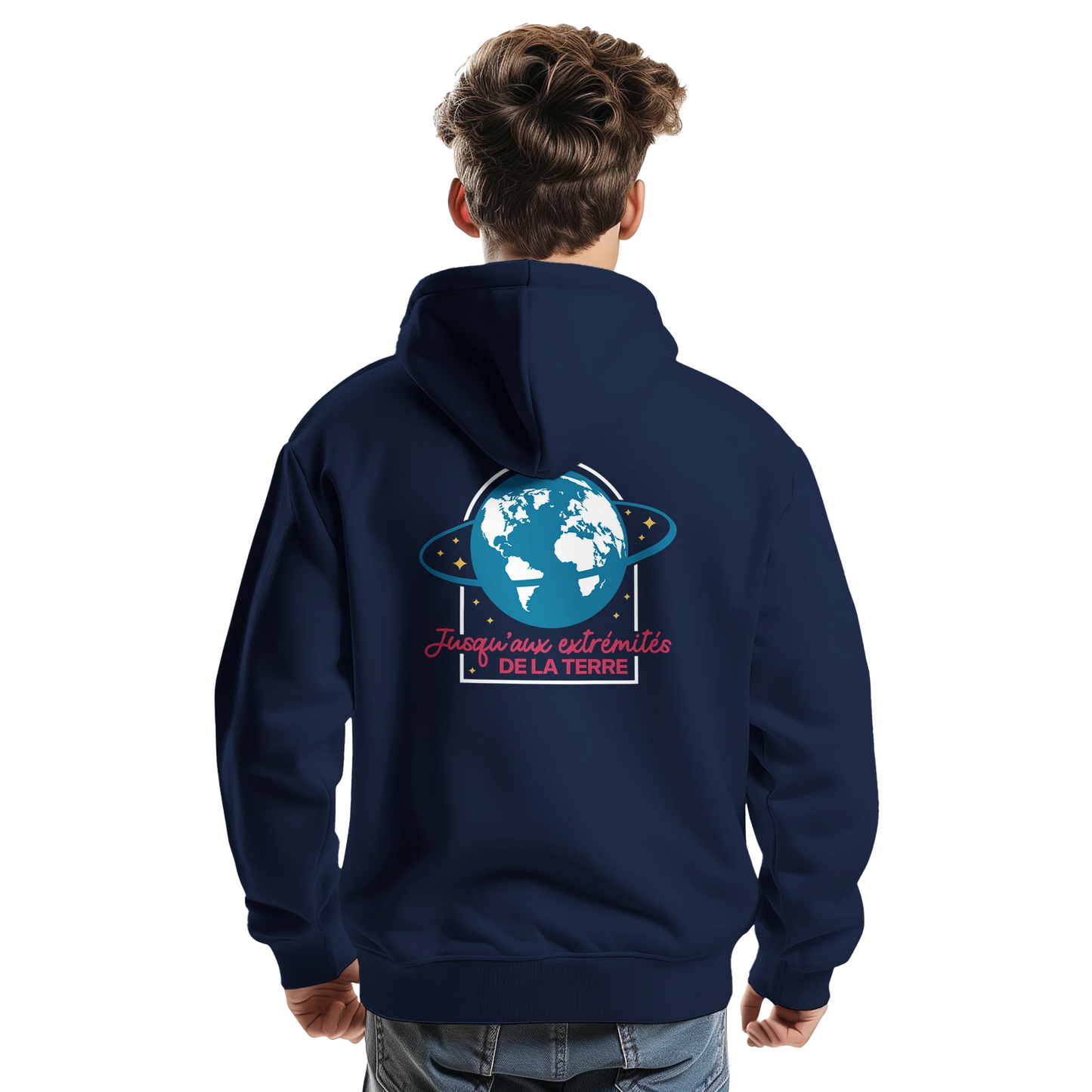 Sweat à capuche chrétien homme « Actes 1:8 » bleu marine dos