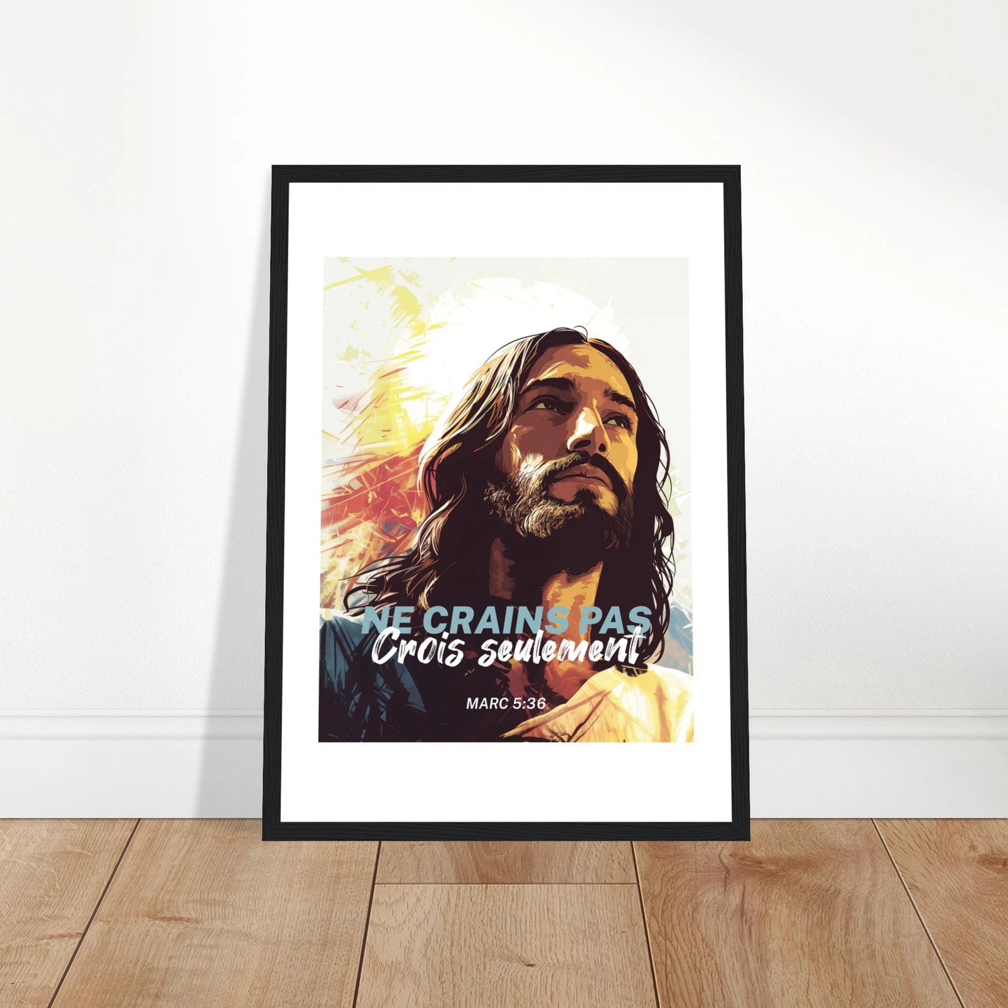 Poster chrétien premium encadré « Marc 5:36 » plan rapproché A3 cadre noir