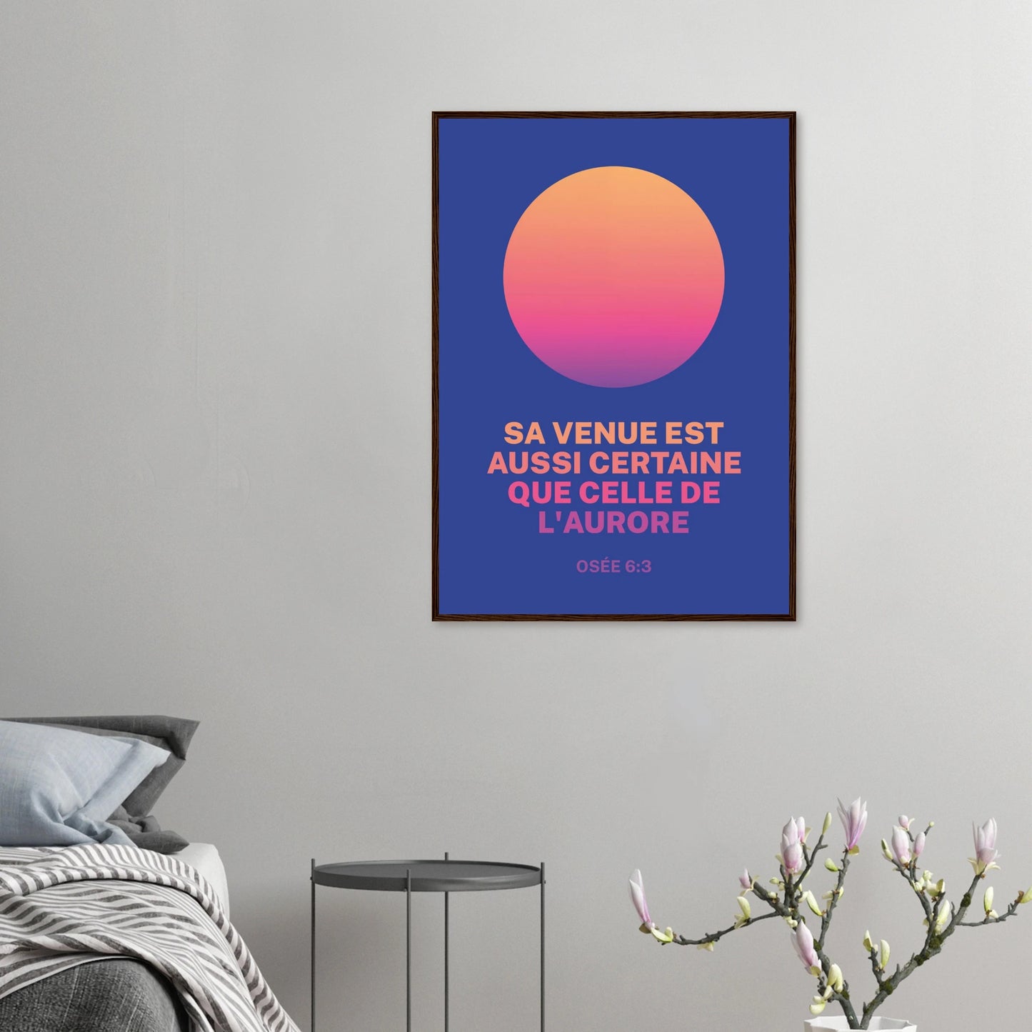 Poster chrétien premium encadré « Osée 6:3 » chambre grise A1 cadre bois foncé