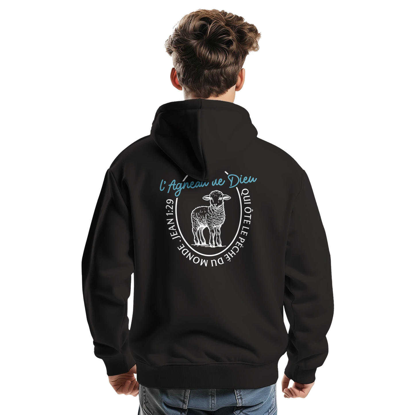 Sweat à capuche chrétien homme « Jean 1:29 » noir dos