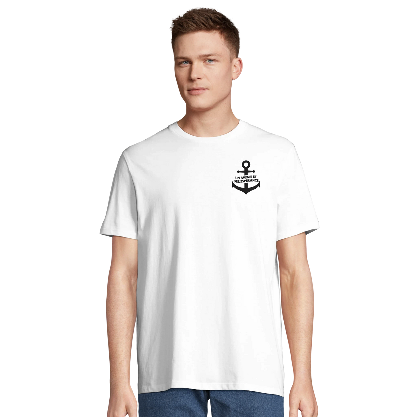 T-shirt chrétien homme brodé en coton bio « Jérémie 29:11 » blanc face