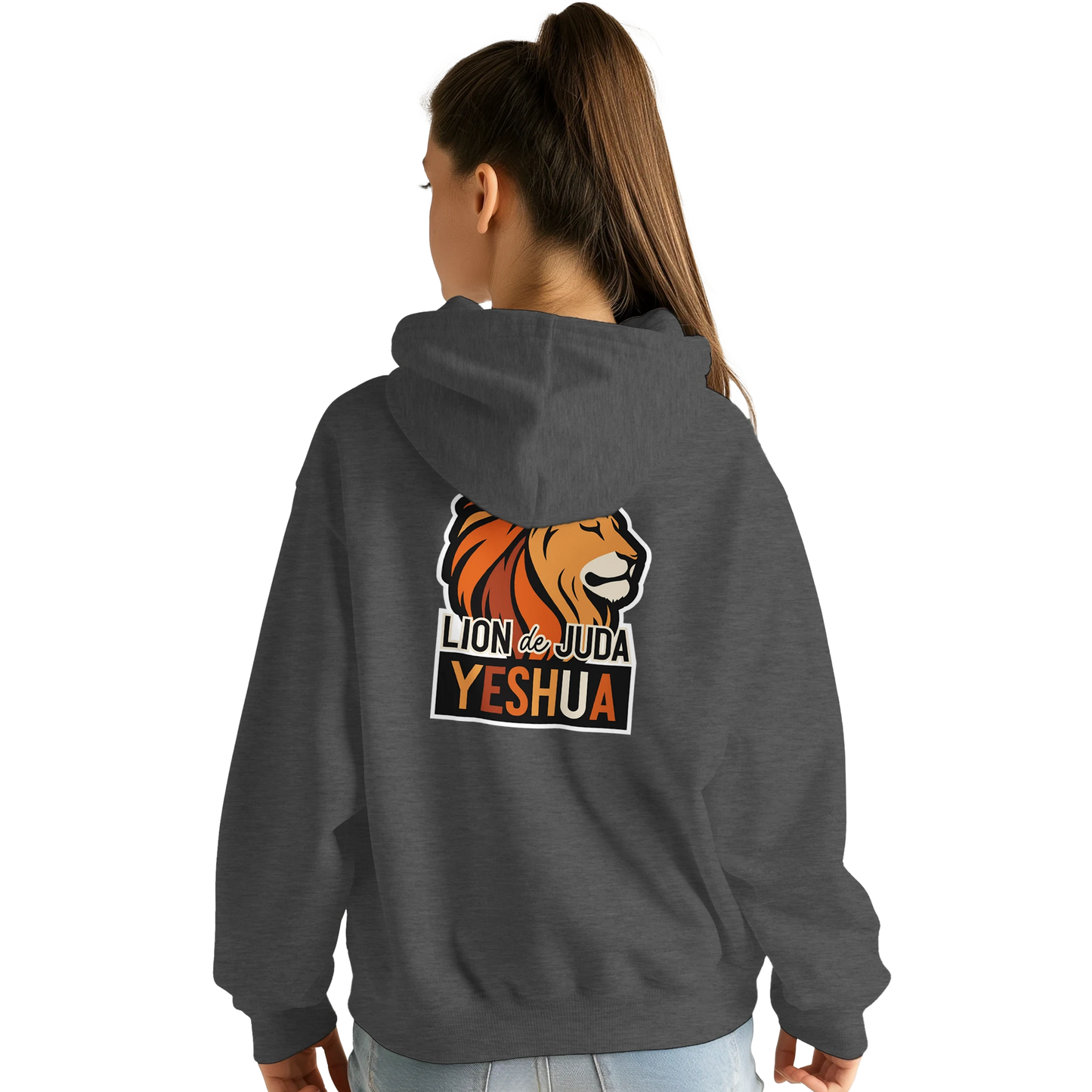 Sweat à capuche chrétien femme « Yeshua Lion de Juda » charbon dos