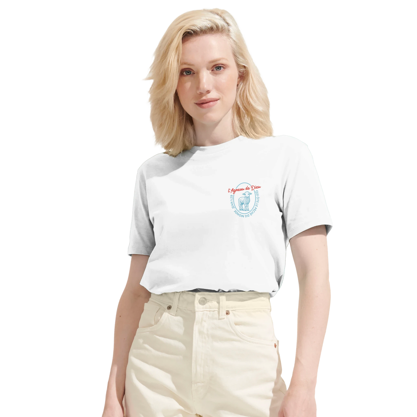 T-shirt chrétien femme en coton bio « Jean 1:29 » blanc face
