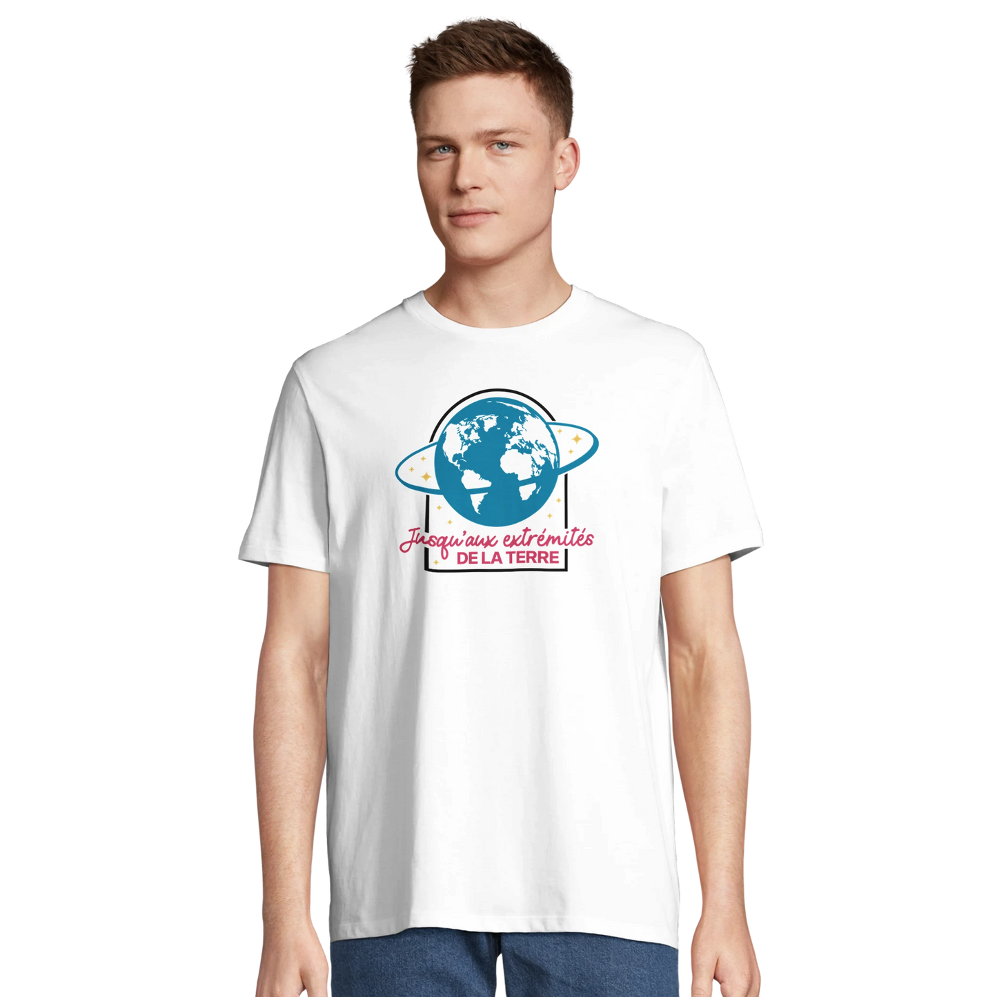 T-shirt chrétien homme en coton bio « Actes 1:8 » blanc face