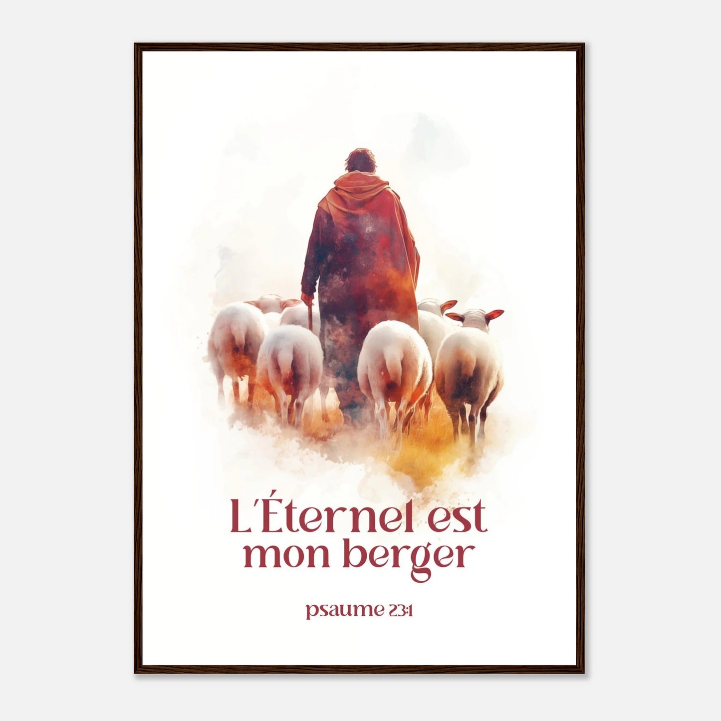 Poster chrétien premium encadré « Psaume 23:1 » présentation A1 cadre bois foncé