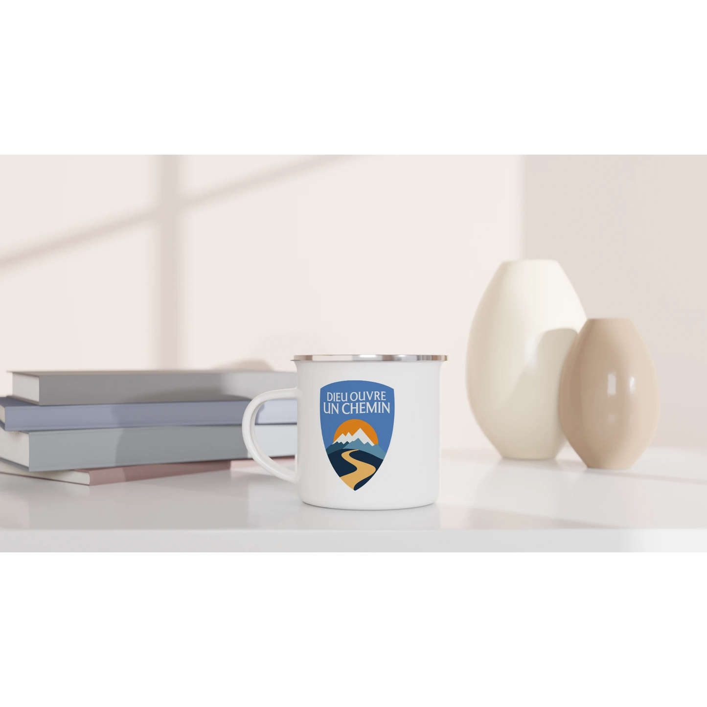 Mug chrétien en émail « Dieu ouvre un chemin » bureau