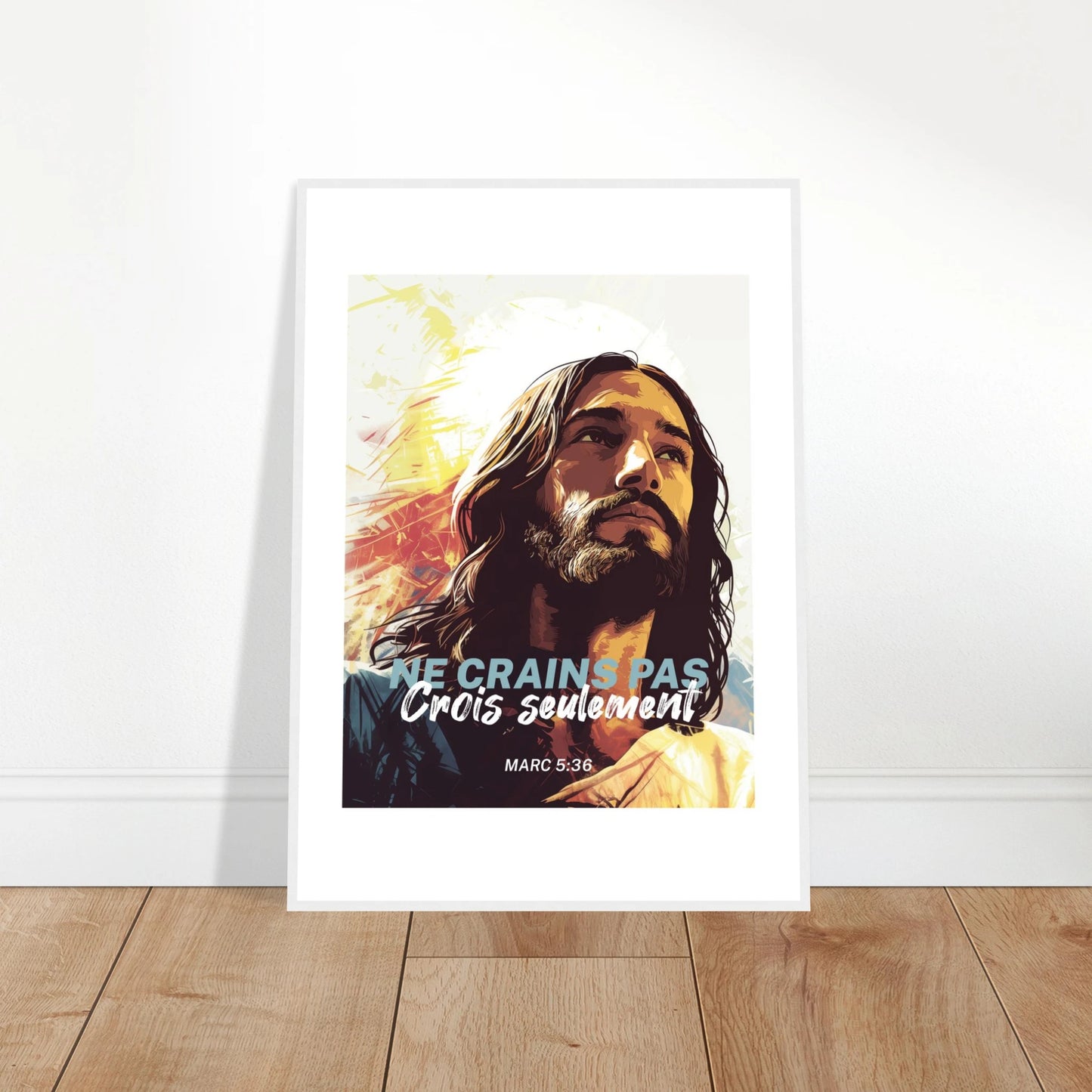 Poster chrétien premium encadré « Marc 5:36 » plan rapproché A1 cadre blanc