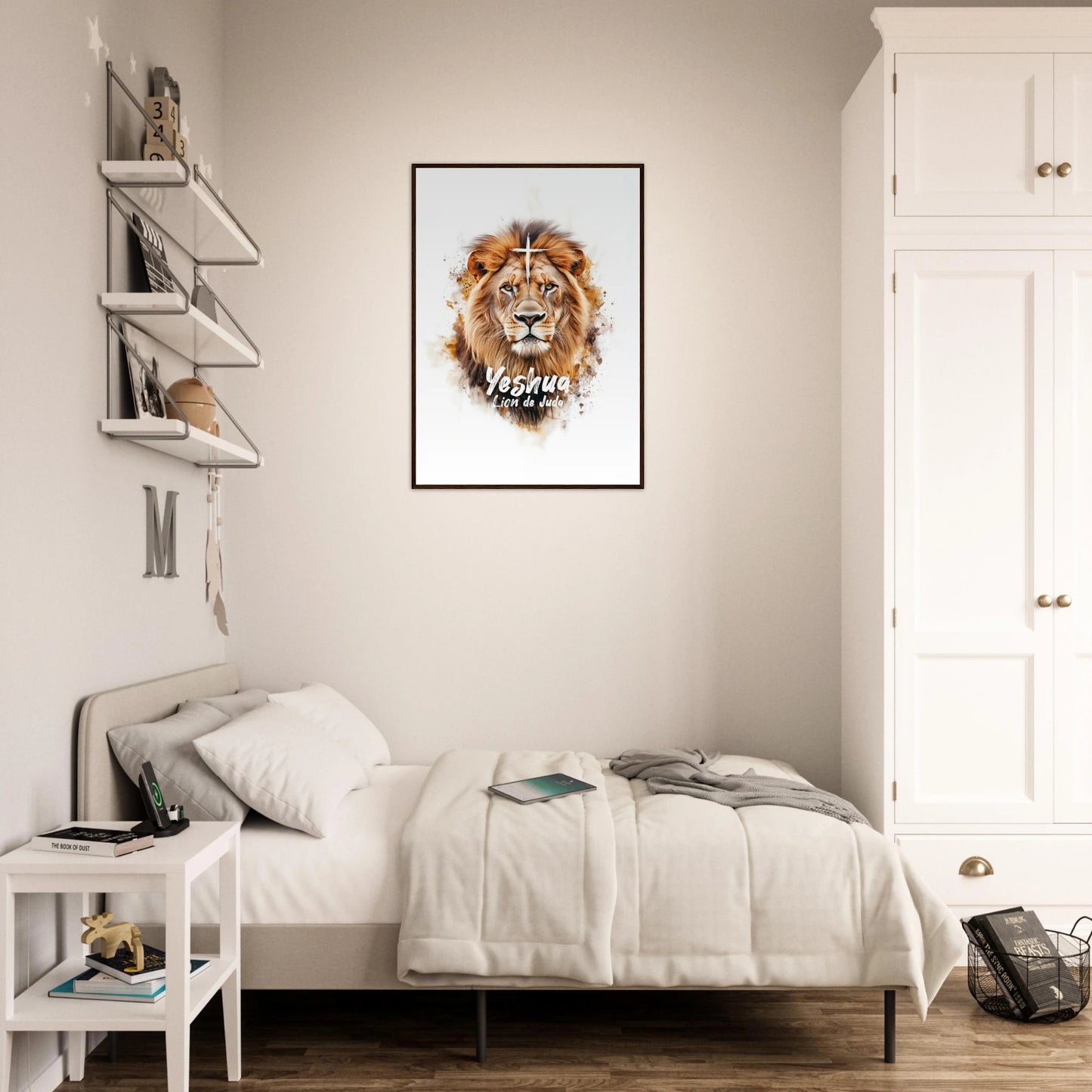 Poster chrétien premium encadré « Yeshua Lion de Juda » chambre A1 cadre bois foncé