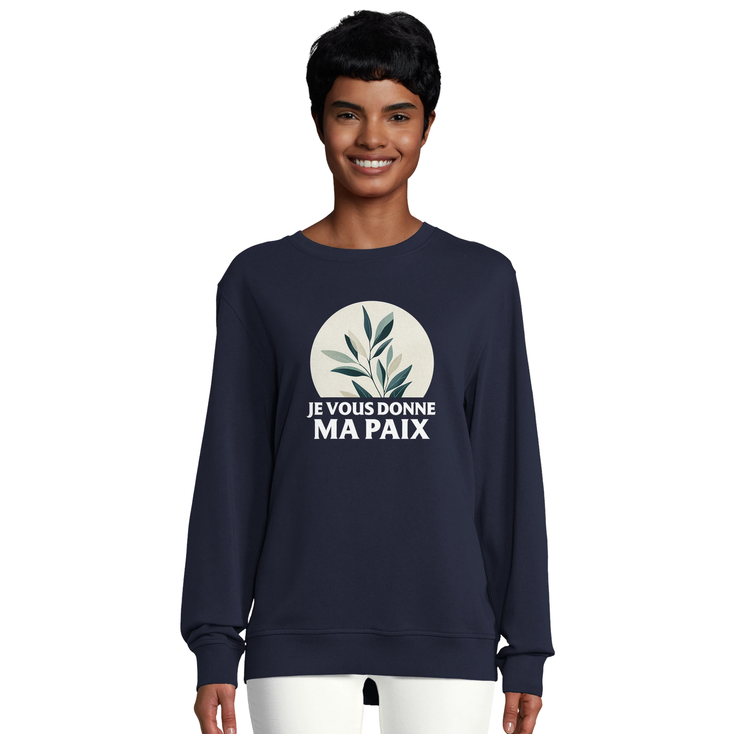 Sweat-shirt chrétien femme en coton bio « Jean 14:27 » bleu marine face