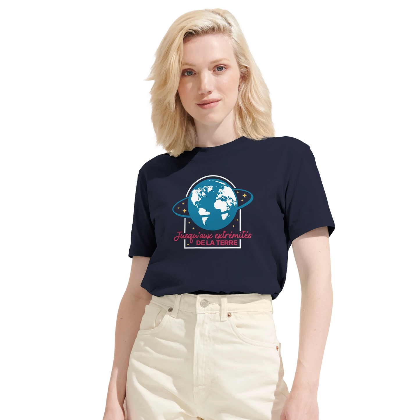 T-shirt chrétien femme en coton bio « Actes 1:8 » bleu marine face