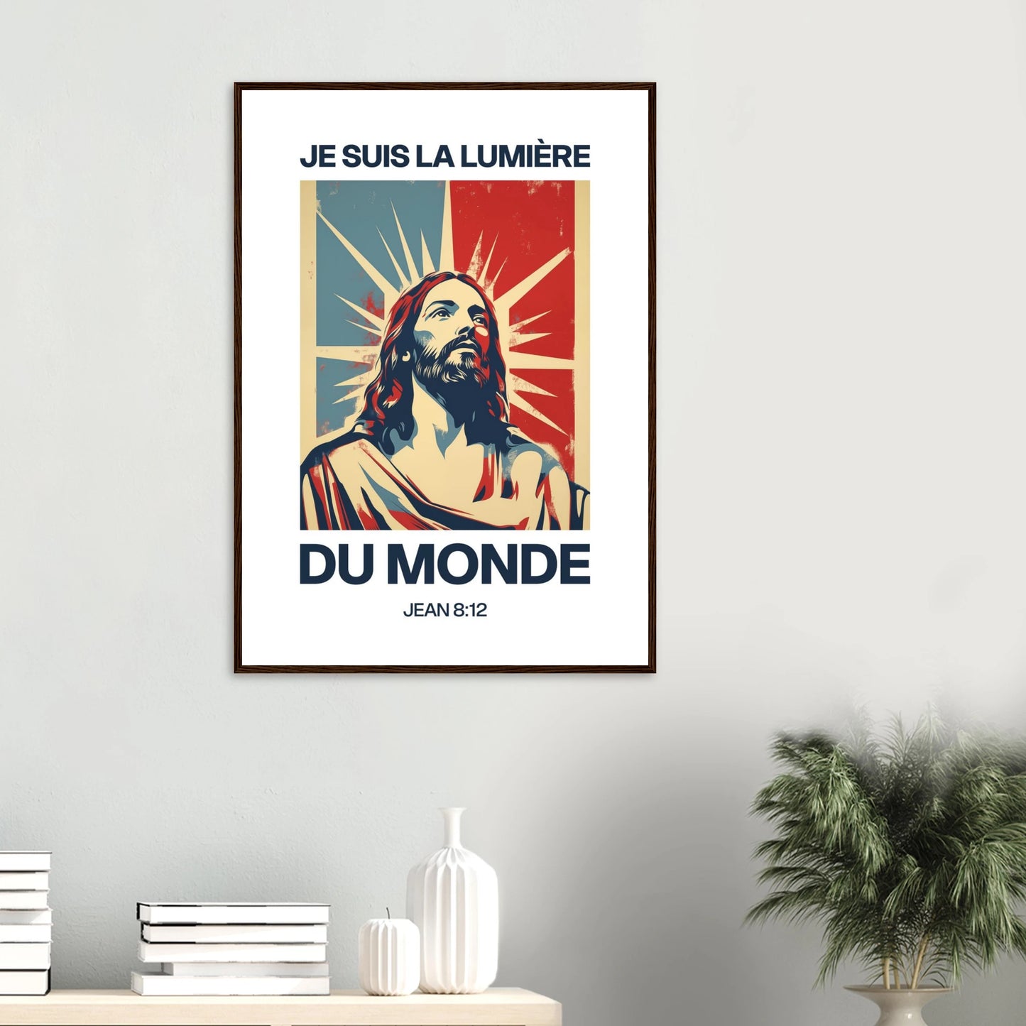 Poster chrétien premium encadré « Jean 8:12 » bureau A1 cadre bois foncé